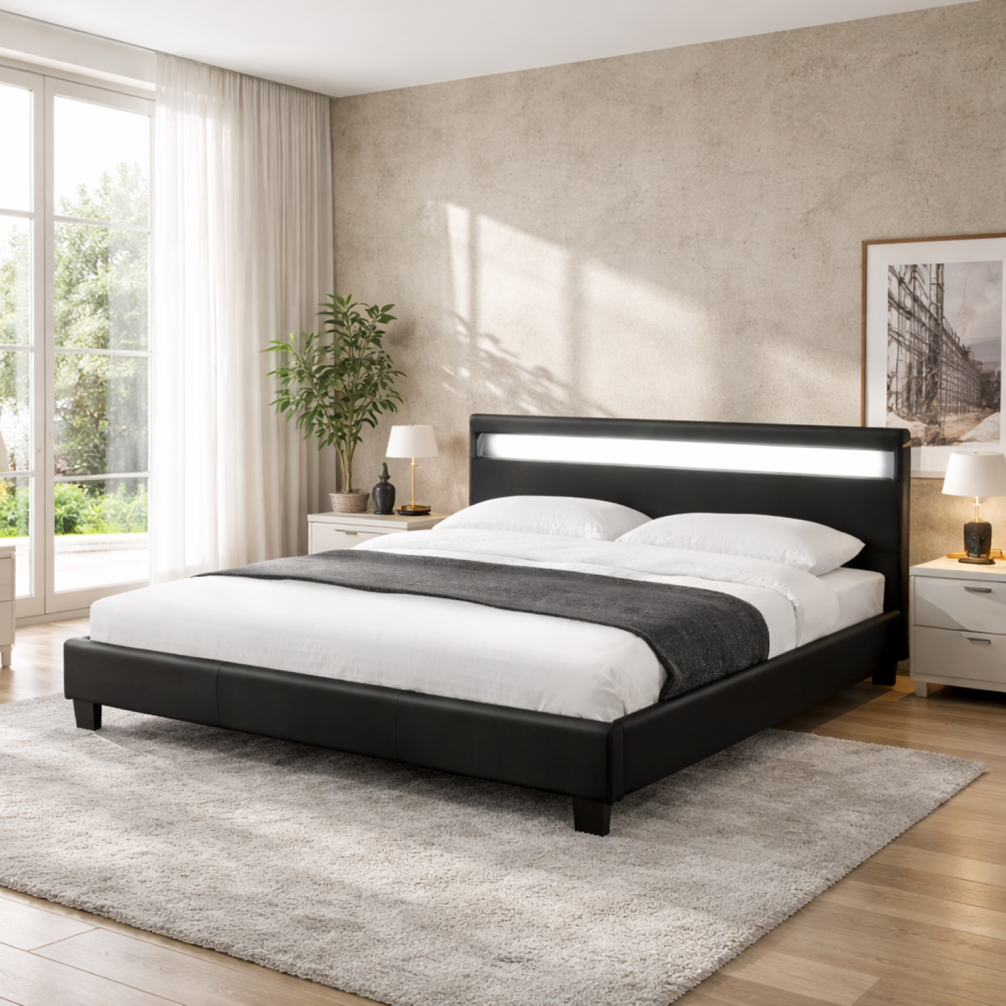 Voir la diapositive 2 : CONCEPT USINE Lit avec led 160 x 200 cm en pu noir picadilly
