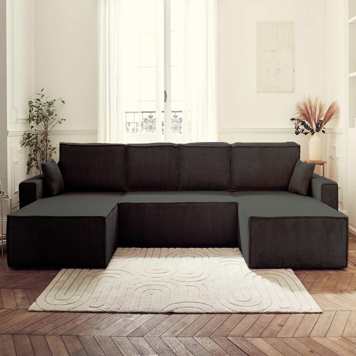 BEST MOBILIER Dellia - canapé panoramique en u - 7 places - convertible - avec coffre - en velours côtelé