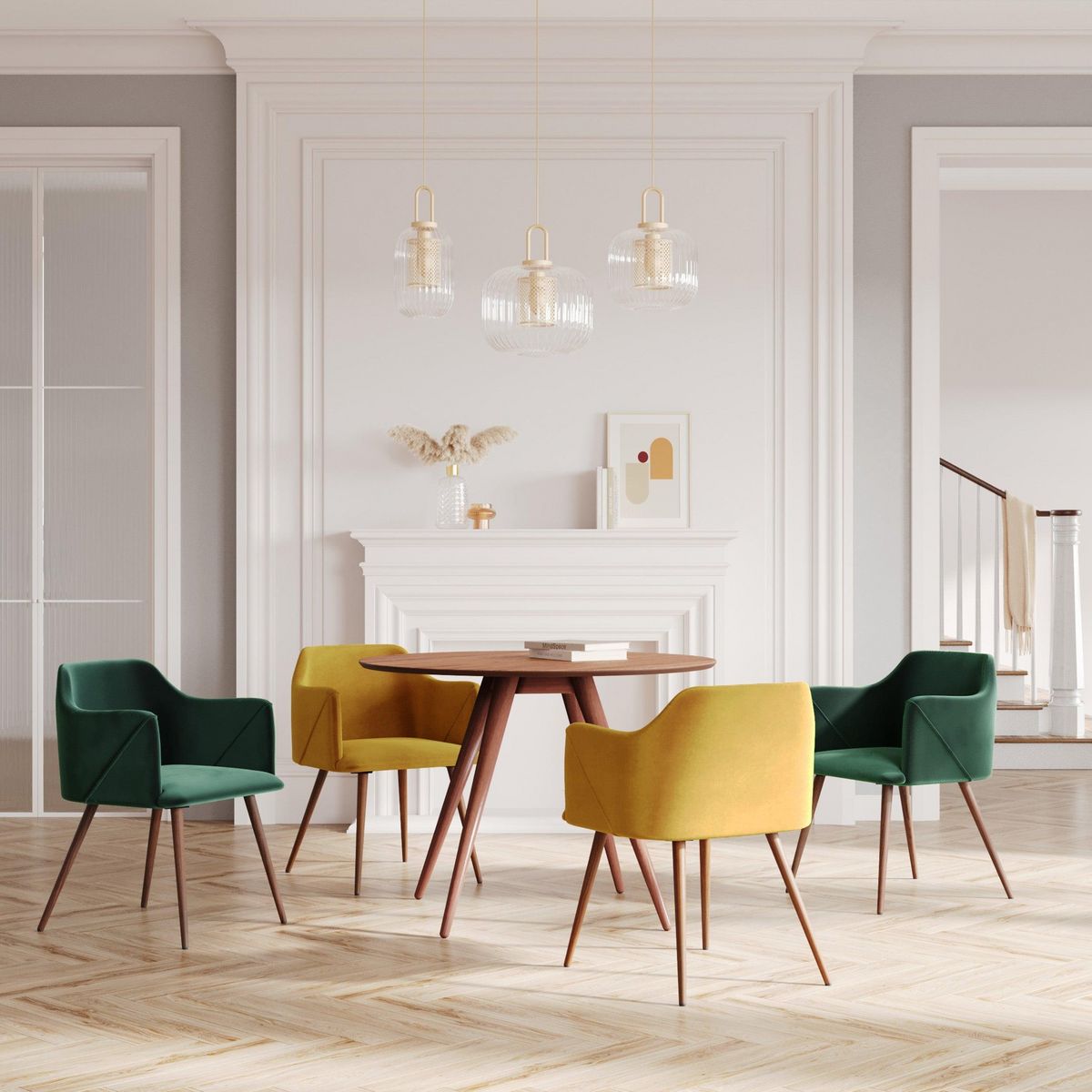 Rendez vous déco Pack 4 chaises en velours jaune et vert - Daisy