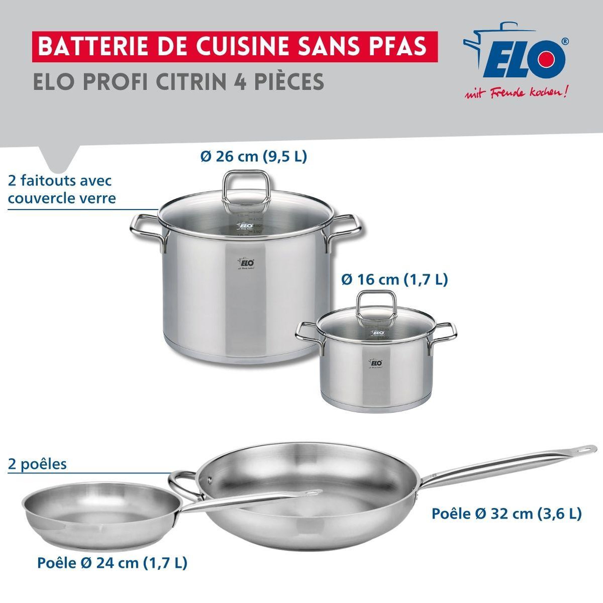 Voir la diapositive 2 : ELO Ensemble de 2 poêles de cuisson 24 et 32 cm et 2 faitouts 16 et 26 cm elo profi citrin