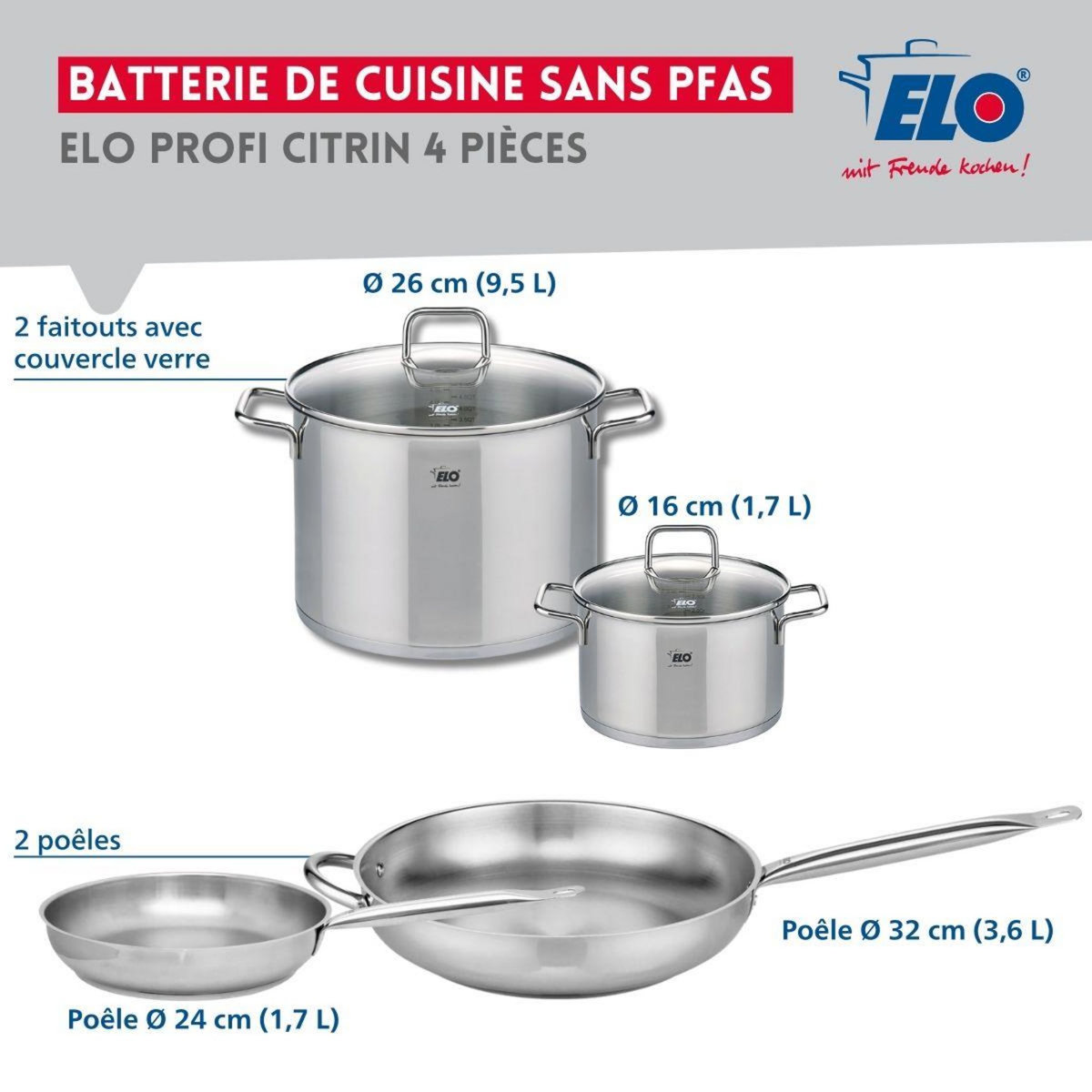 ELO Ensemble de 2 Poêles de cuisson 24 et 32 cm et 2 faitouts 16 et 26 cm Elo Profi Citrin