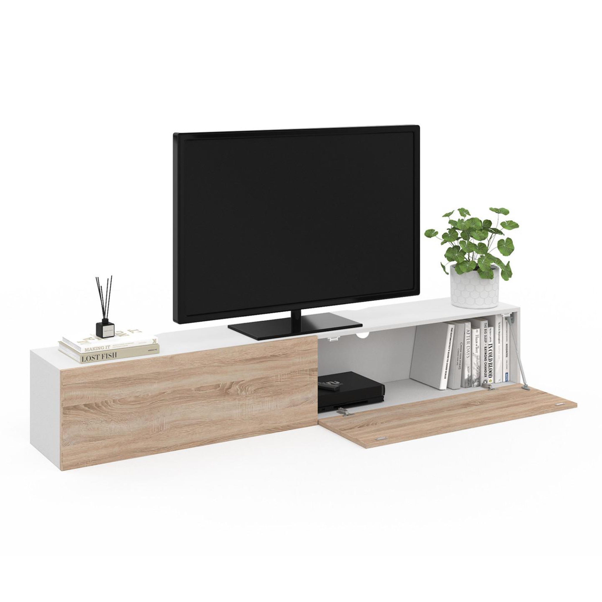 Voir la diapositive 4 : ID MARKET Meuble tv 180 cm suspendu elio 2 portes blanc et bois