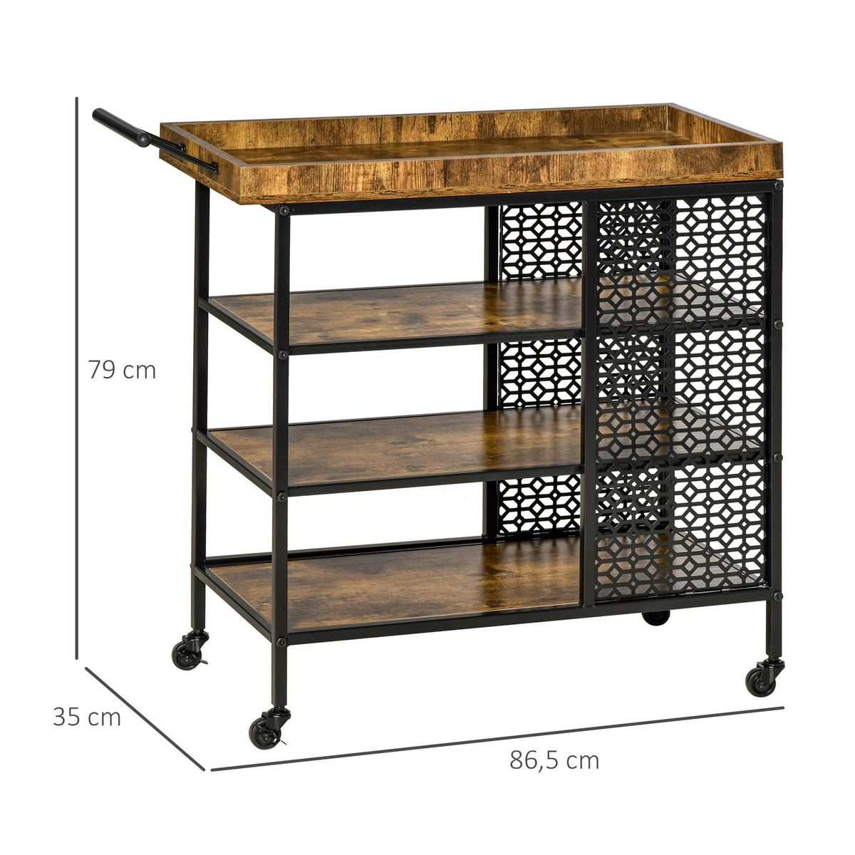 HOMCOM HOMCOM Desserte Vintage style industriel - chariot de service 3 étagères et plateau à rebord - châssis métal noir avec parois ajourées et poignée - MDF aspect bois vieilli