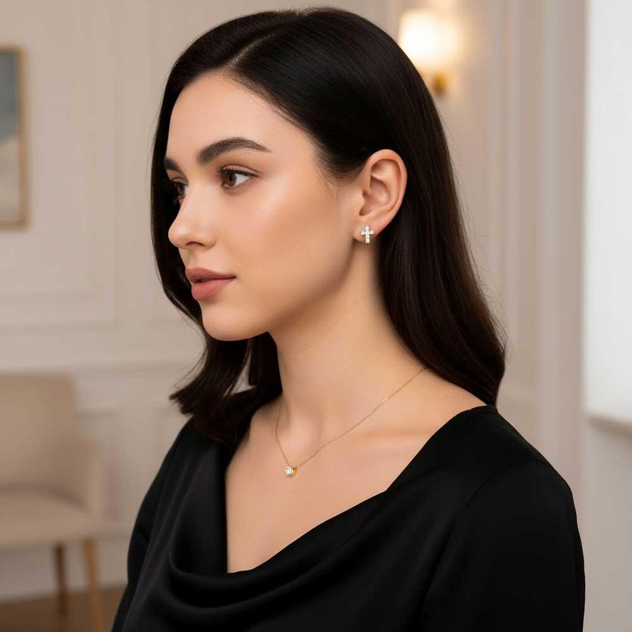 Voir la diapositive 2 : L'ATELIER D'AZUR Boucles d'Oreilles Argent 925/000 Doré - Croix Pavée de Zirconiums