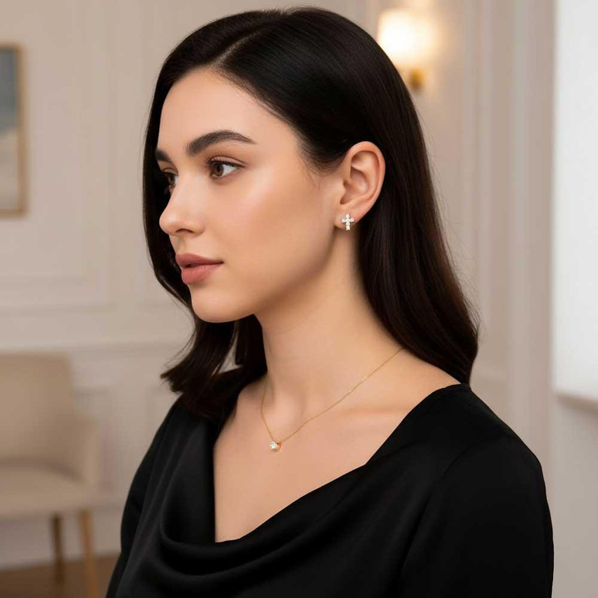 L'ATELIER D'AZUR Boucles d'Oreilles Argent 925/000 Doré - Croix Pavée de Zirconiums