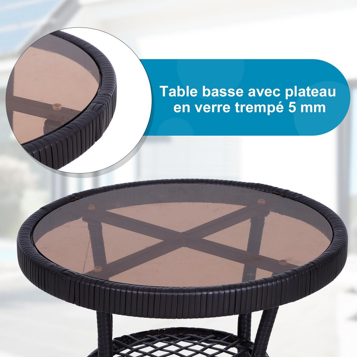 OUTSUNNY Outsunny Ensemble de jardin 3 pièces style cosy 2 fauteuils à bascule avec coussins assise dossier + table basse résine tressée brun crème