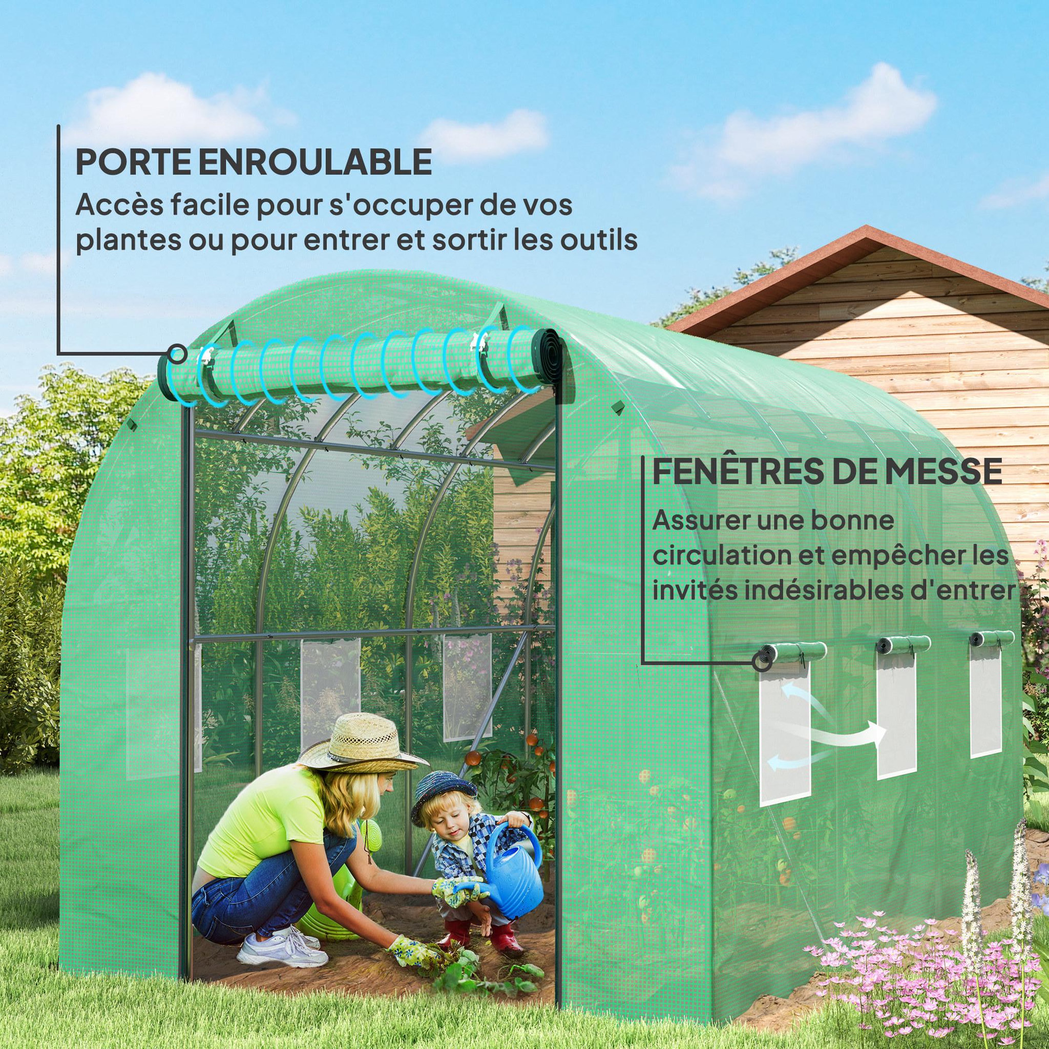Voir la diapositive 6 : OUTSUNNY Serre de jardin 6 m² - porte zippée enroulable, 6 fenêtres - acier galvanisé PE haute densité 170 g/m² vert