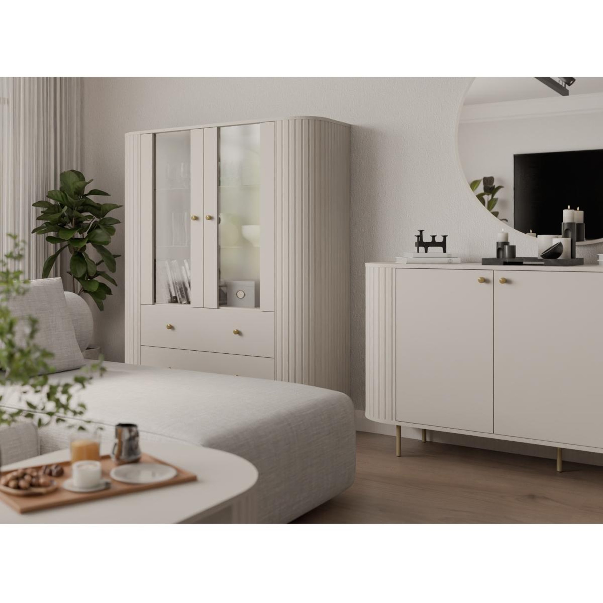 Voir la diapositive 6 : JLC KREATION Vitrine moderne 2 portes beige et doré forme arrondie lilio