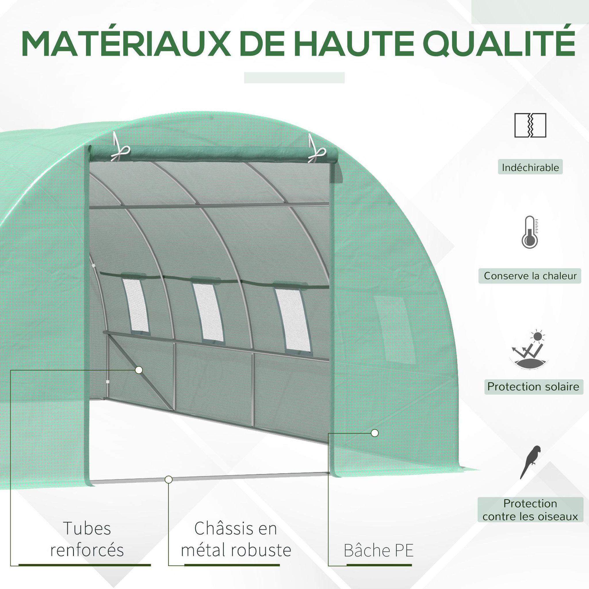Voir la diapositive 5 : HOMCOM Serre de jardin tunnel 5,9l x 3l x 2h m châssis tubulaire acier galvanisé renforcé 2,5 cm 8 fenêtres 1 porte vert