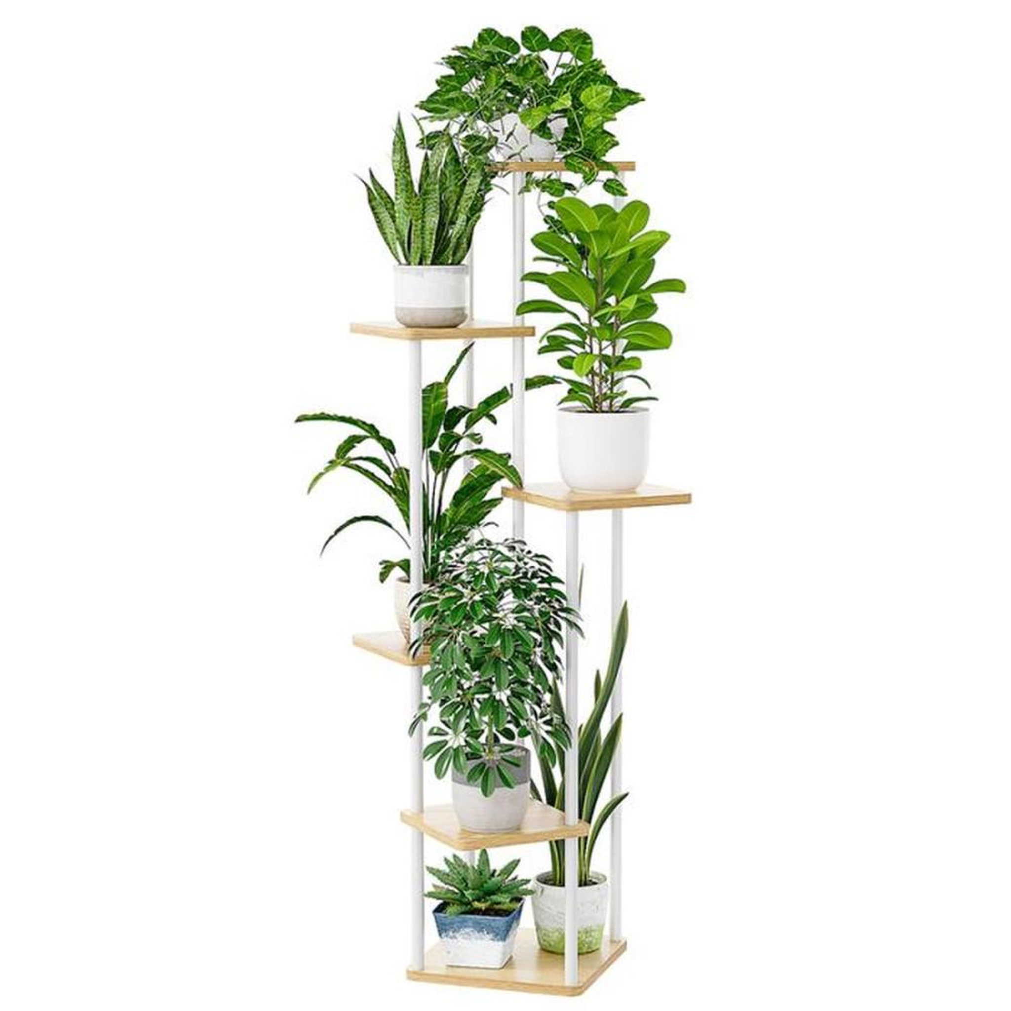 Présentoir à plantes 6 niveaux cadre métal blanc et étagères en bois 59,9 x 30 x 130 cm