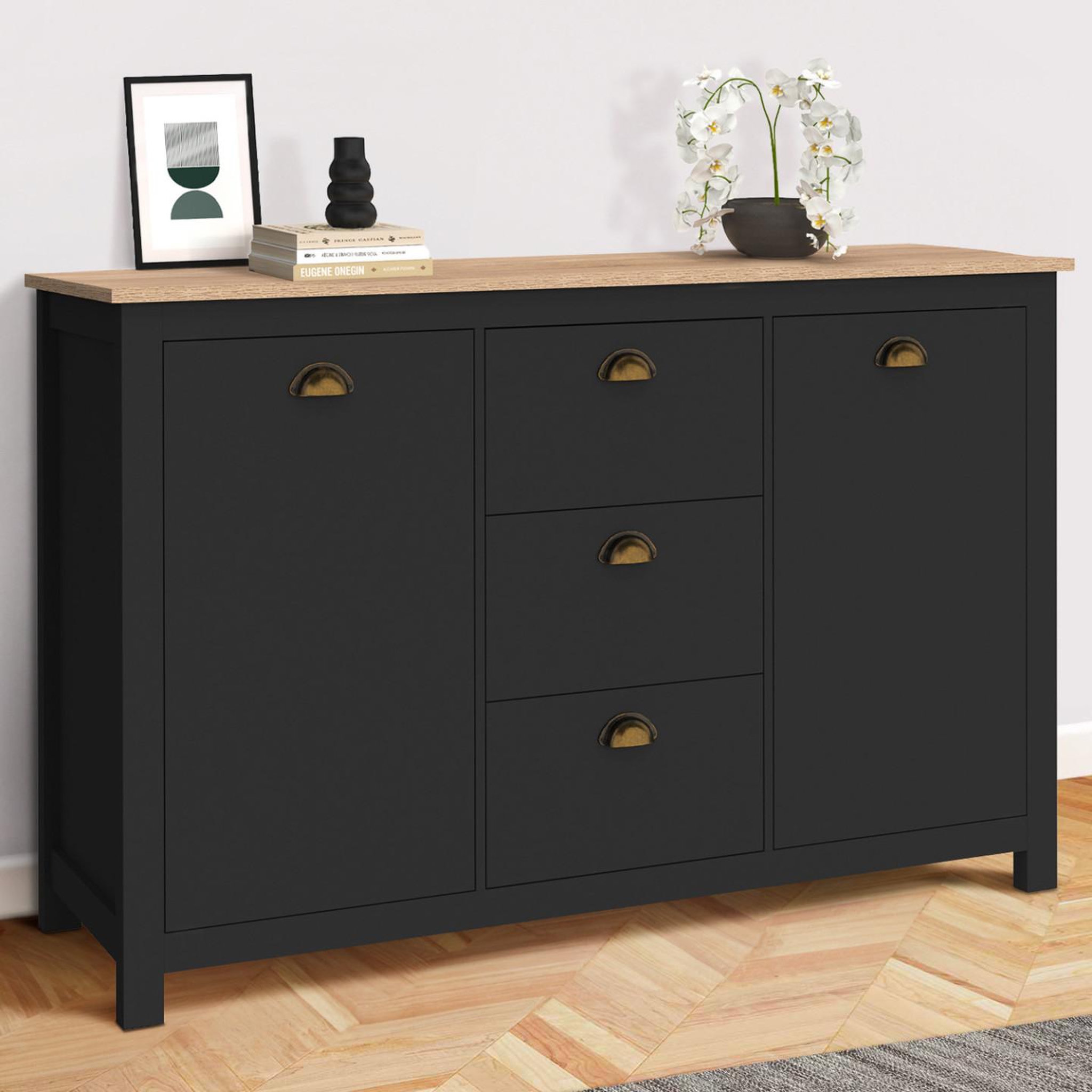 Voir la diapositive 2 : ID MARKET Buffet 130 cm ISIS campagne 2 portes et 3 tiroirs bois et noir