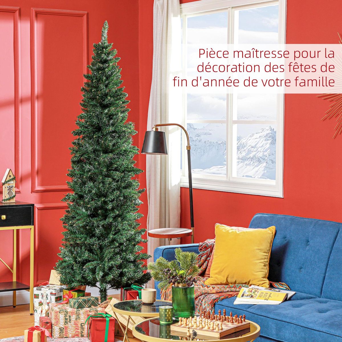 HOMCOM Sapin de Noël artificiel 210 cm slim avec support en acier pliable, 687 branches épines, décoration de Noël effet réaliste, vert