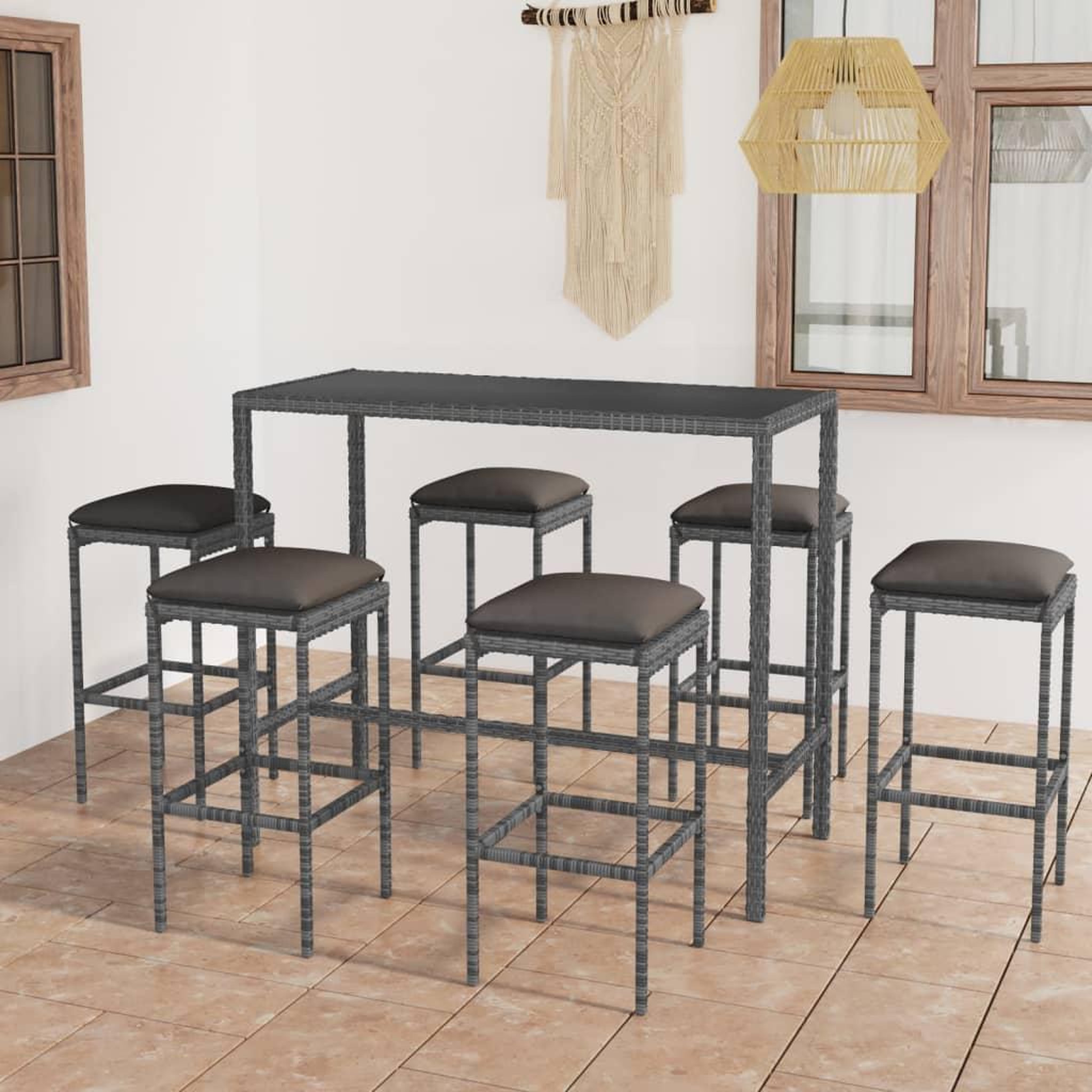 Voir la diapositive 1 : VIDAXL Ensemble de bar de jardin 7 pcs et coussins Resine tressee Gris