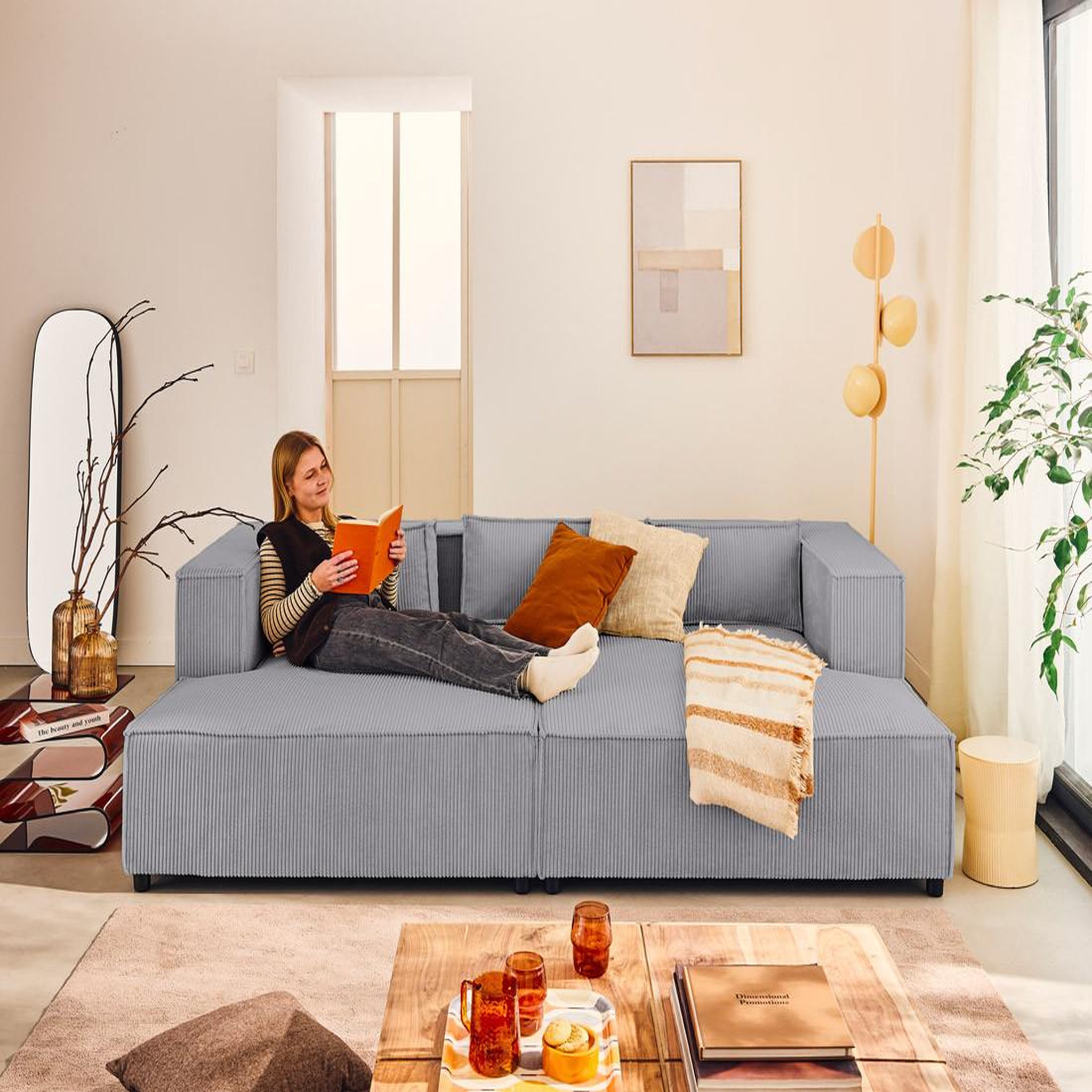Voir la diapositive 2 : LISA DESIGN Stella - canapé droit 3 places avec double méridienne - assise profonde - en velours côtelé