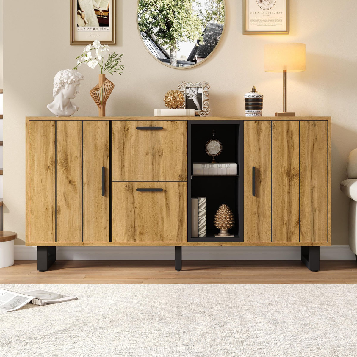 MERAX Buffet 2 porte(s) 2 tiroir(s) - 160 cm naturel led mdf