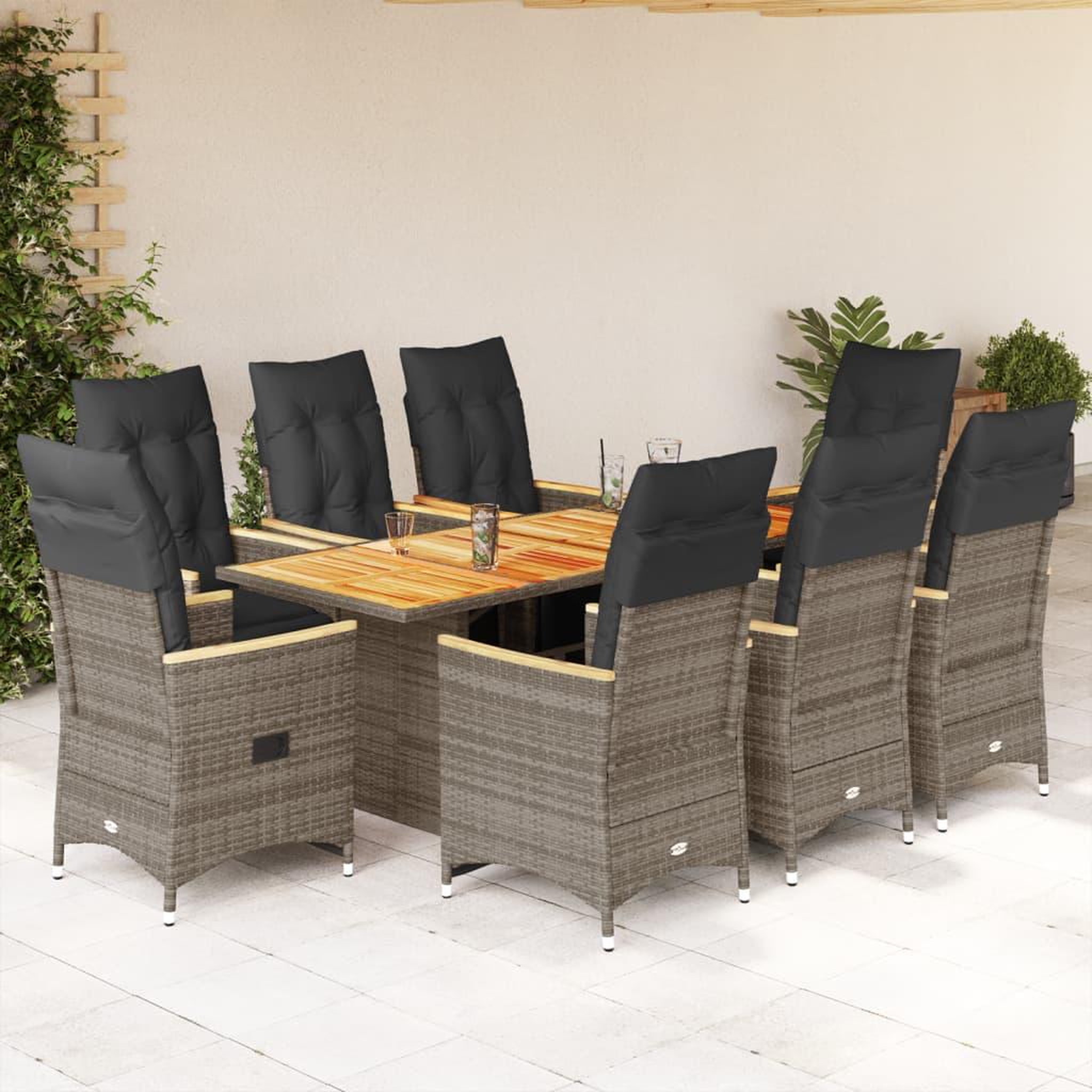 VIDAXL Ensemble de bistro de jardin 9 pcs coussins gris poly rotin