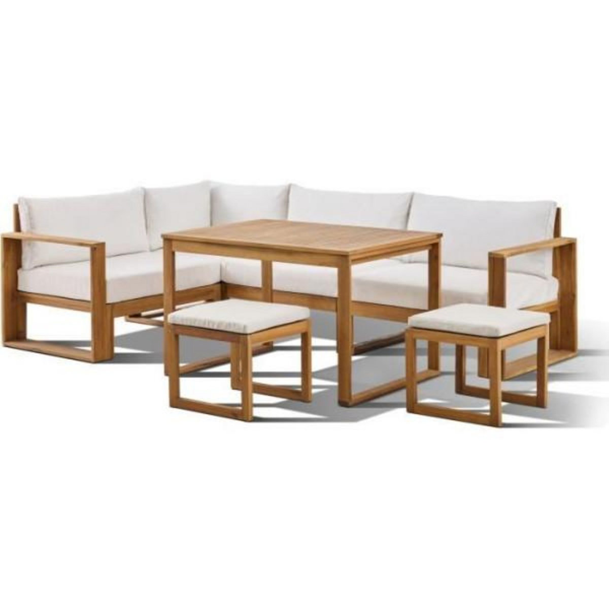 BOCARNEA Salon de jardin d'angle modulable - Bois d'acacia - 6 personnes - LEVATA DINING - Blanc cassé + Housse