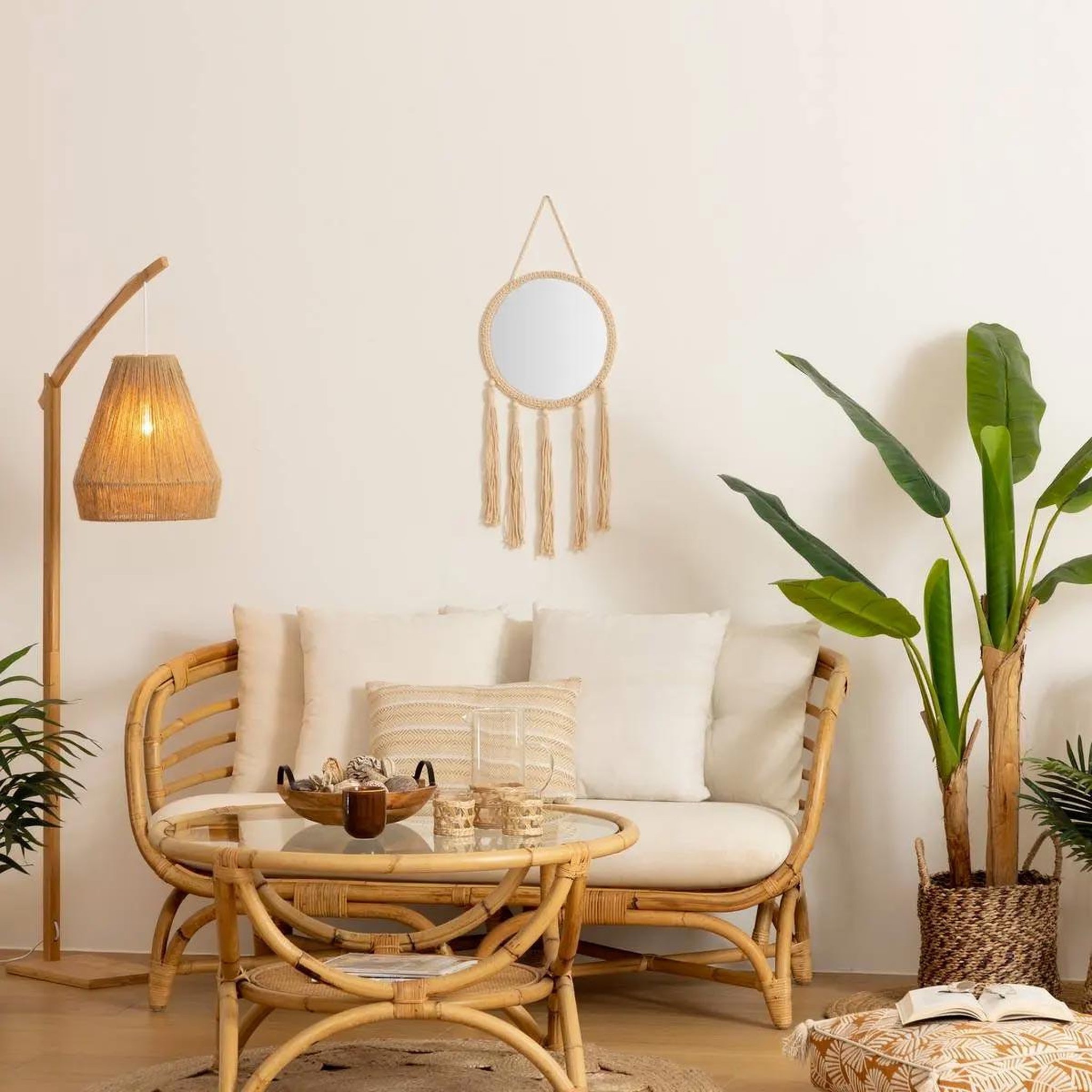 Voir la diapositive 3 : ATMOSPHERA Miroir mural rond à franges  eté  62cm beige