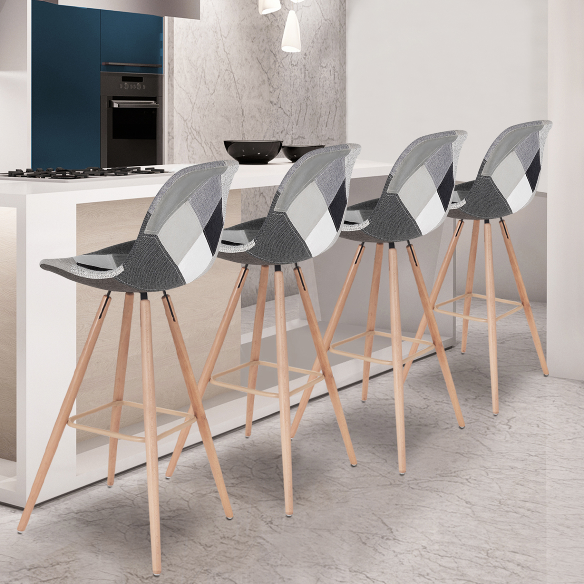 Voir la diapositive 2 : ID MARKET Lot de 4 tabourets de bar sara motifs patchworks noirs, gris et blancs