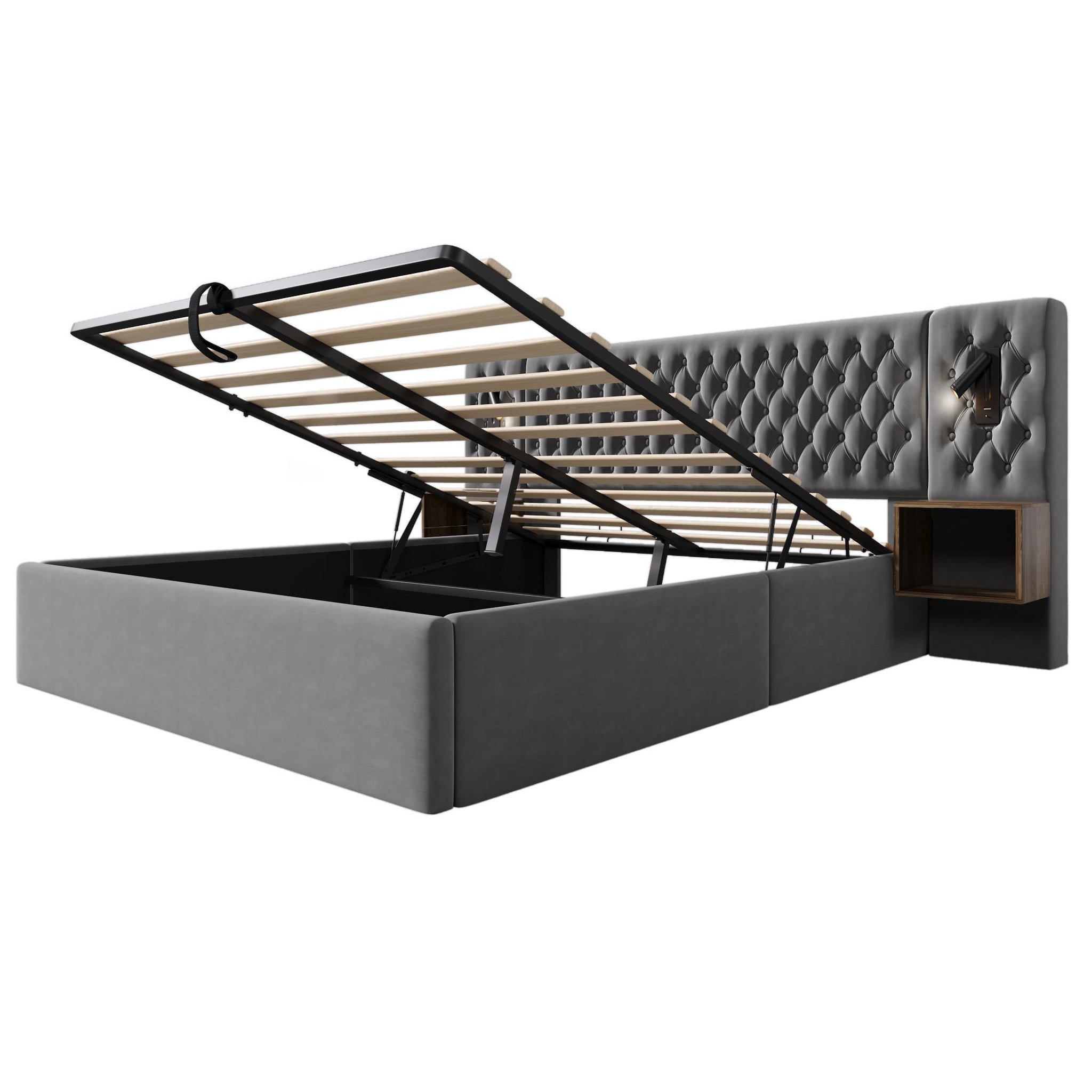 Voir la diapositive 5 : MERAX Lit coffre velours avec 2 chevets, liseuses led usb et tête de lit