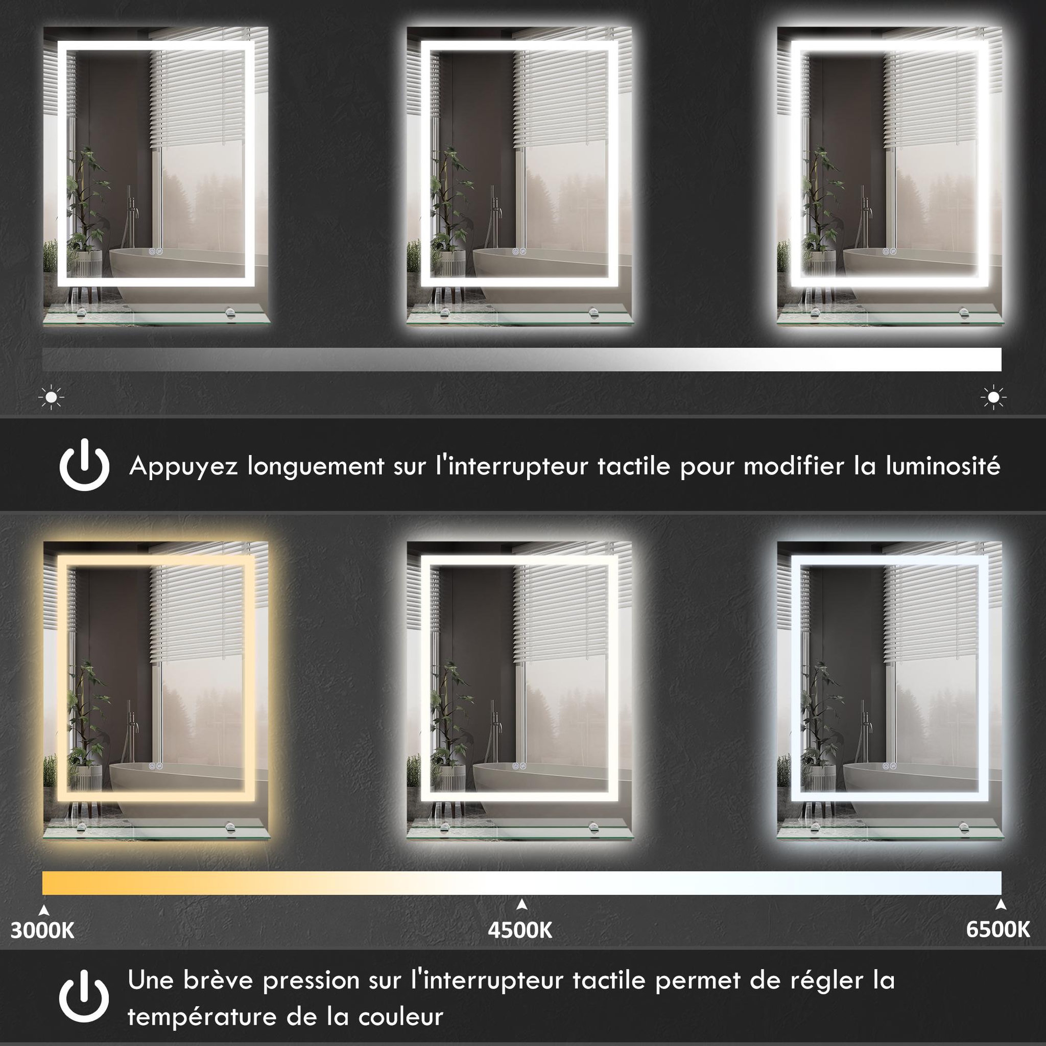 Voir la diapositive 5 : KLEANKIN Miroir lumineux led 43w antibué réglable interrupteur tactile étagère intégrée 60l x 14p x 80h cm