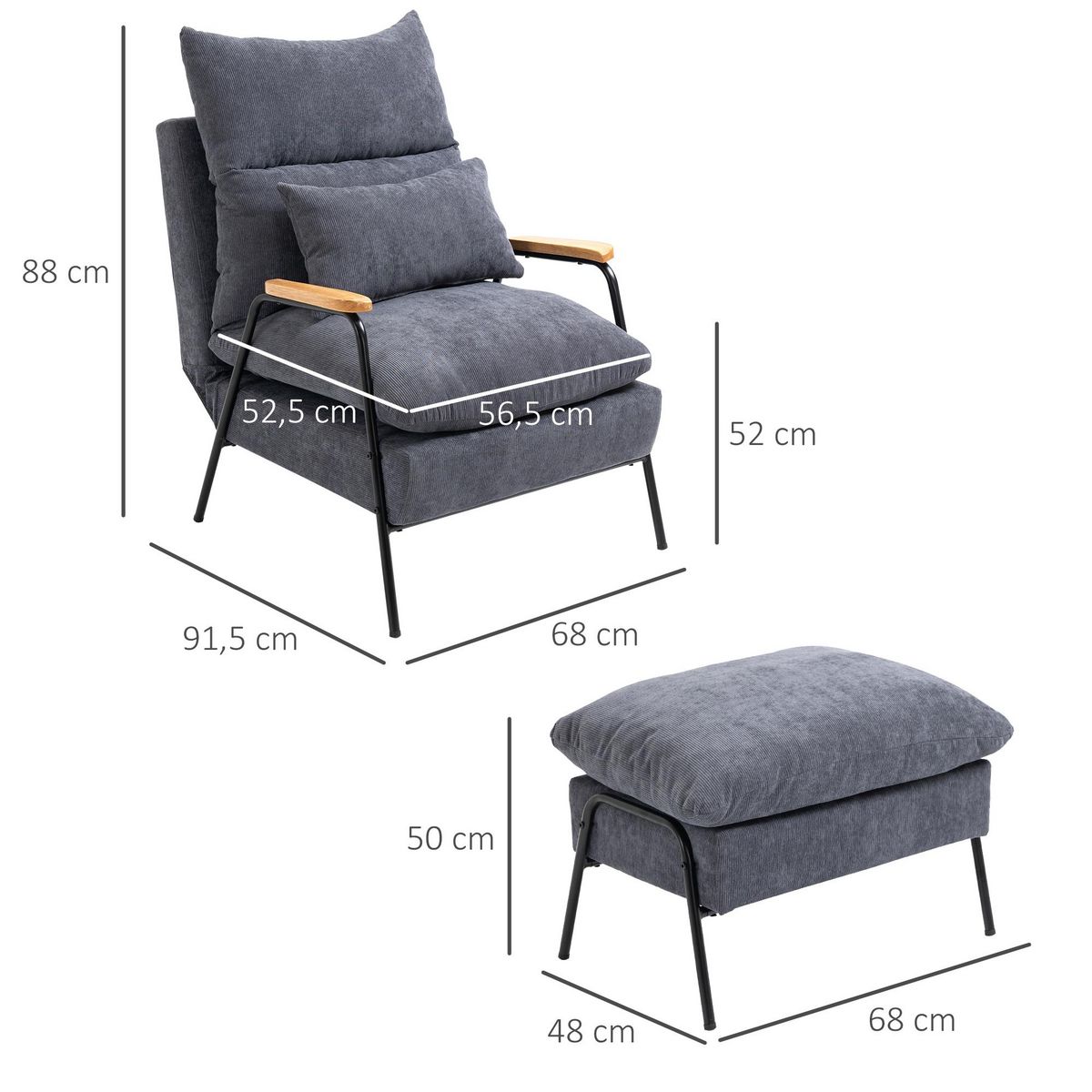 HOMCOM Fauteuil lounge style néo-rétro avec repose-pied - dossier inclinable - structure acier noir accoudoirs bois hévéa revêtement velours cotelé gris