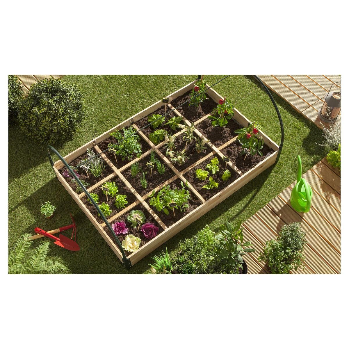 Inkazen Carré potager avec serre - Bois et PVC - 12 compartiments - 0,92m² - AROMA