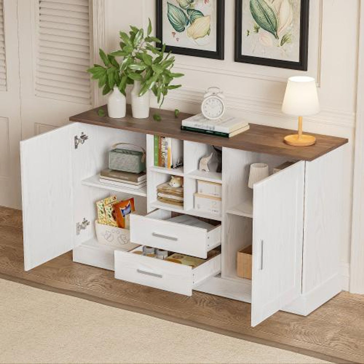 MERAX Buffet 2 porte(s) 2 tiroir(s) - 140 cm blanc panneau de particules