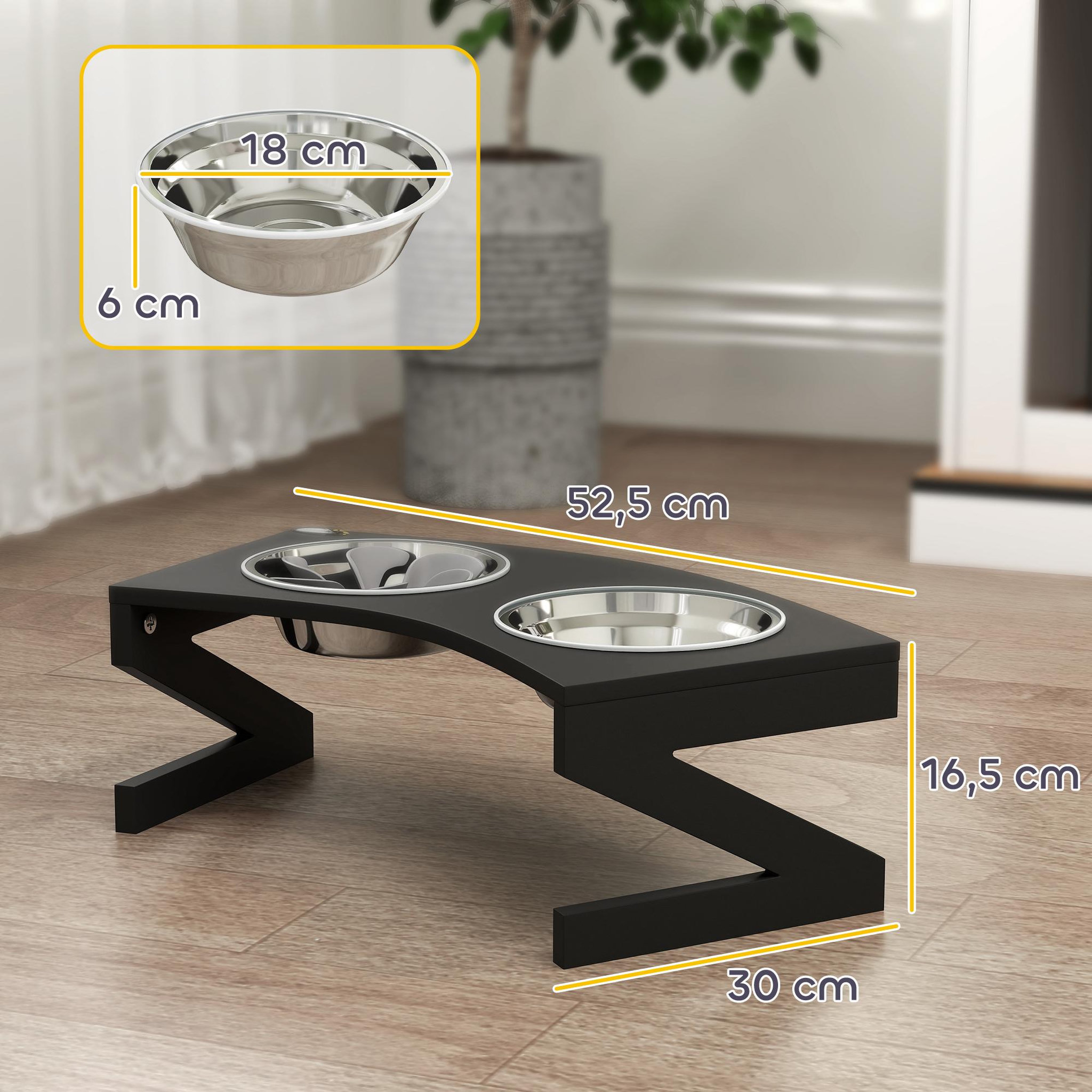 Voir la diapositive 3 : PAWHUT Porte-gamelles surélevé 2 écuelles une anti-glouton acier inox MDF noir