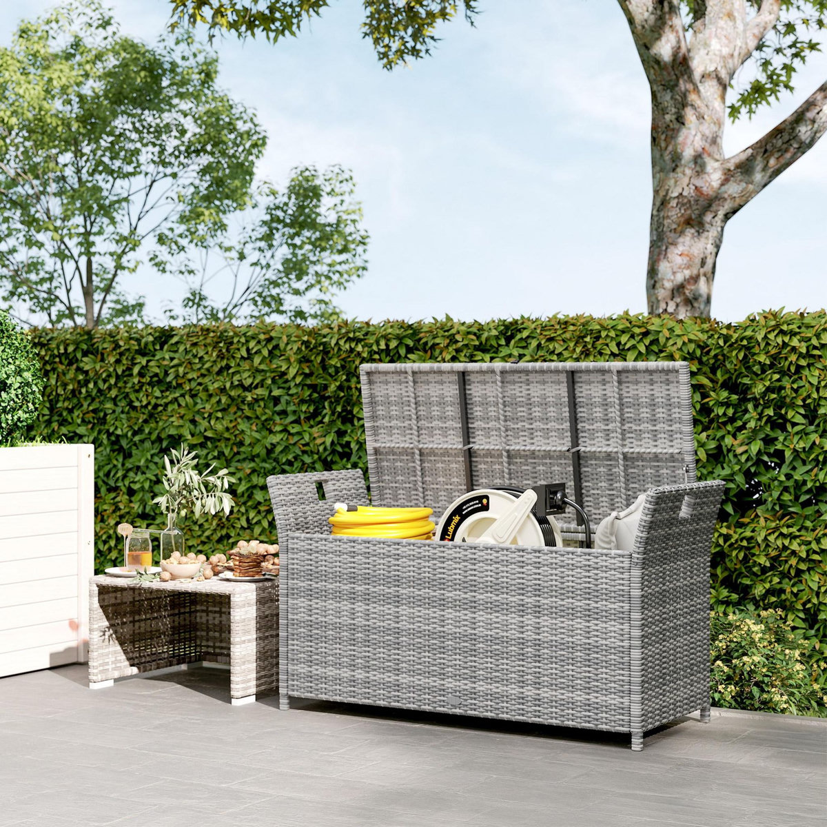 OUTSUNNY Coffre de jardin en résine tressée avec poignées et coussin déhoussable dim. 125 x 55 x 70 cm gris