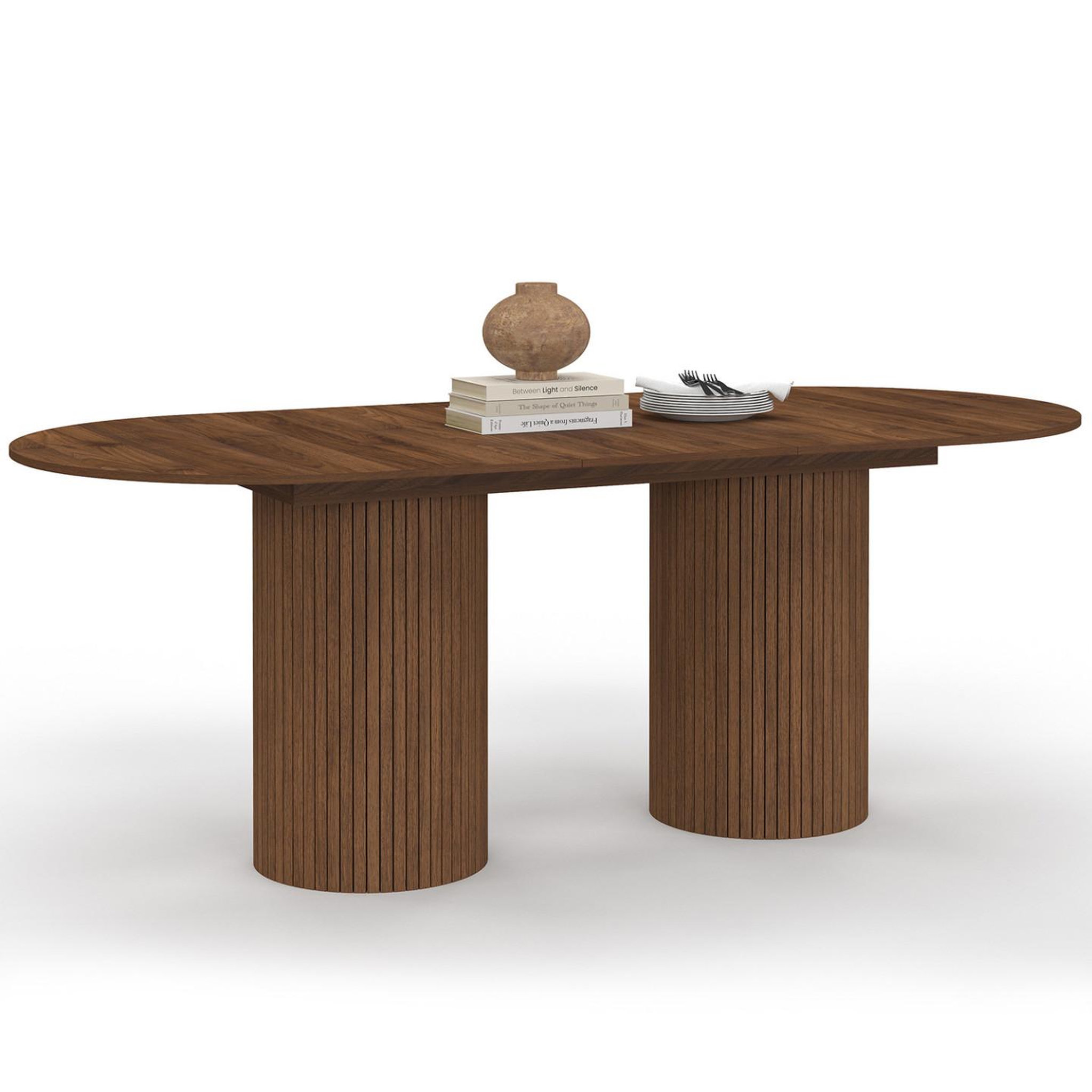 ID MARKET Table à manger extensible ovale juliette  6-10 personnes pieds cylindriques lattes tasseau bois coloris noyer 160-200 cm