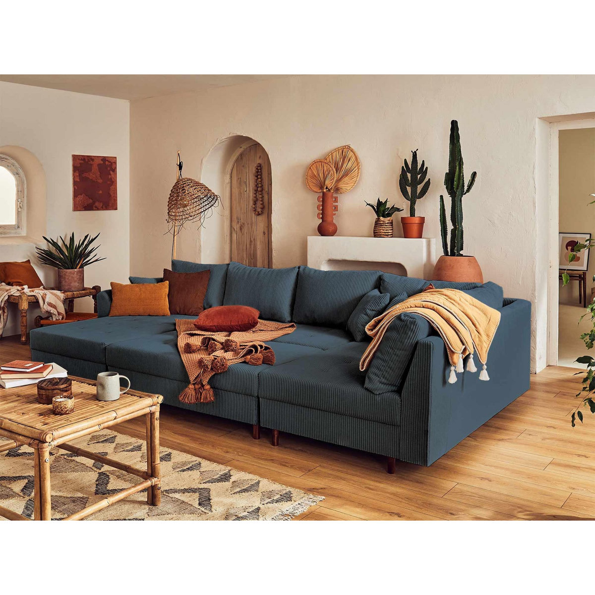 LISA DESIGN Rune - canapé panoramique d'angle droit - 7 places - avec pouf d'appoint - en velours côtelé