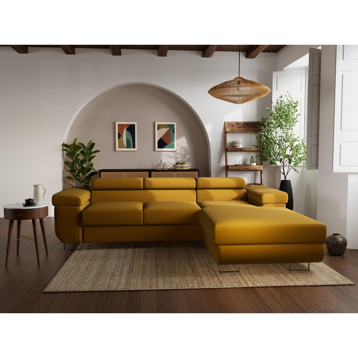 BEST MOBILIER Pablo - canapé d'angle droit - 6 places - convertible avec coffre et têtières réglables - en velours