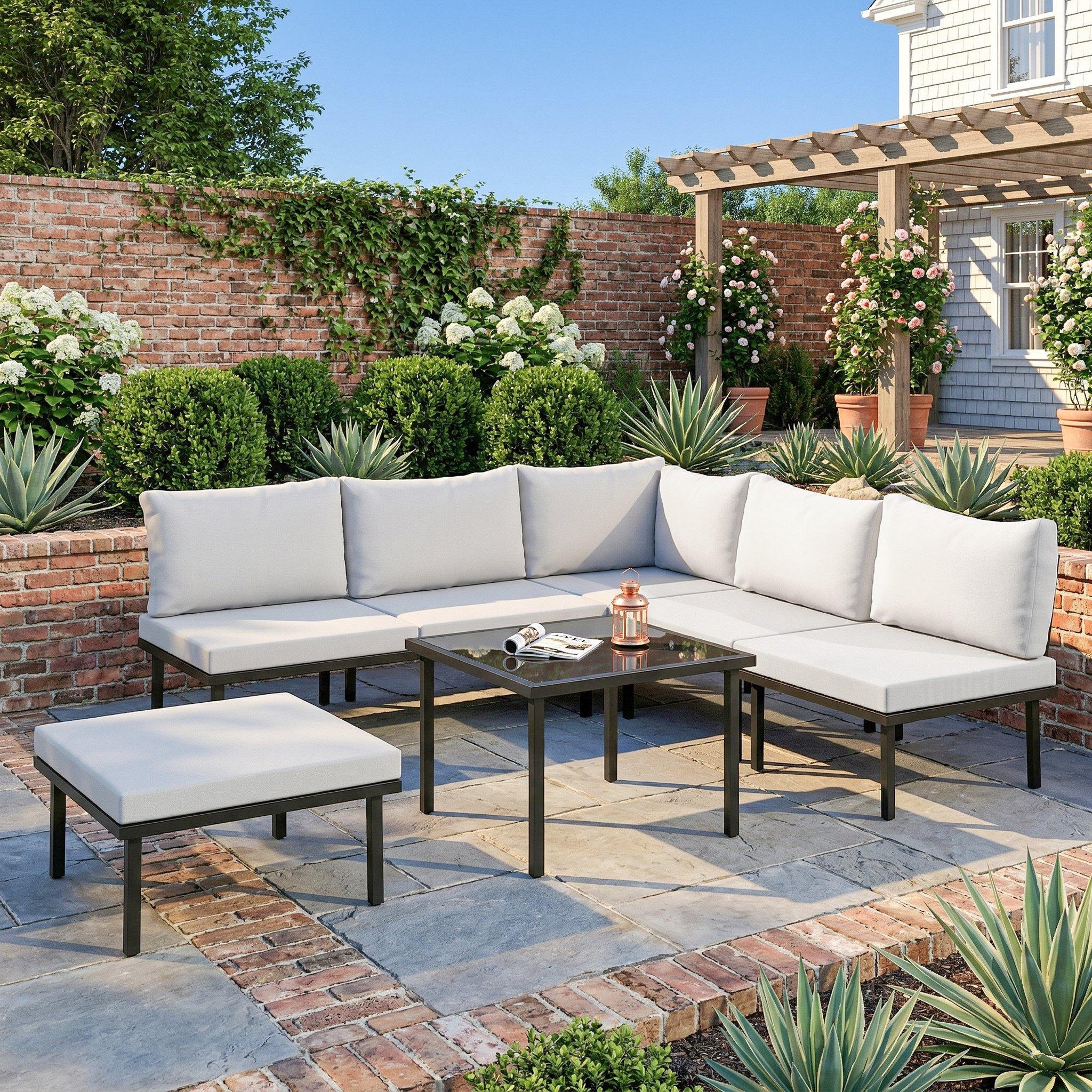 Voir la diapositive 2 : OUTSUNNY Salon de jardin d'angle modulable 6 places avec repose-pieds table basse
