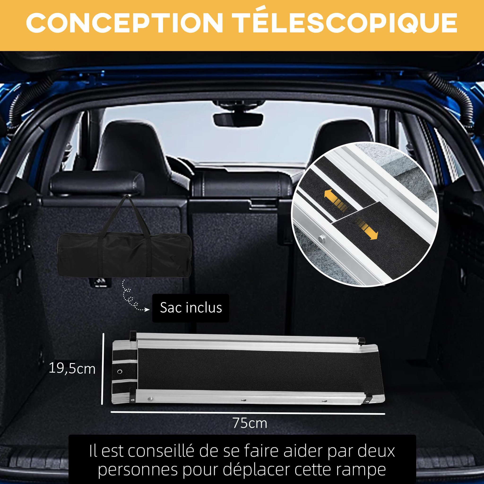 Voir la diapositive 6 : HOMCOM Rampe de fauteuil roulant telescopique rampe de chargement antidérapante avec bordures de sécurité max. 270 kg alu. Noir