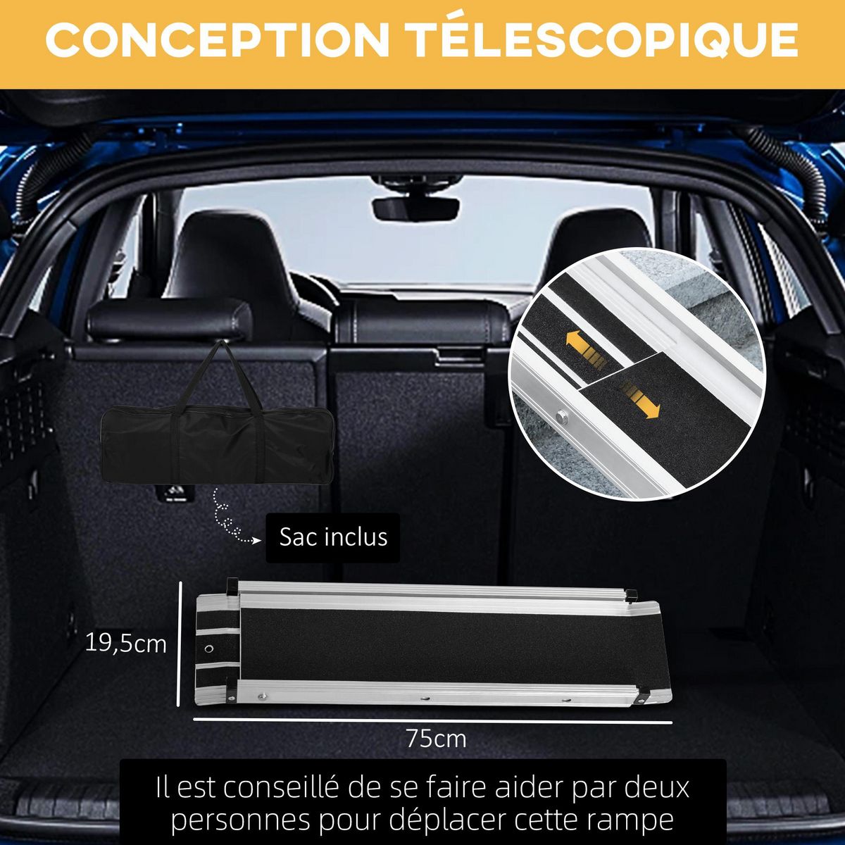 HOMCOM Rampe de fauteuil roulant telescopique rampe de chargement antidérapante avec bordures de sécurité max. 270 Kg alu. noir