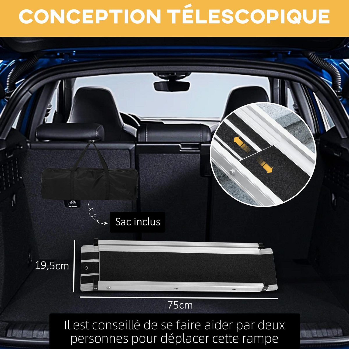 HOMCOM Rampe de fauteuil roulant telescopique rampe de chargement antidérapante avec bordures de sécurité max. 270 Kg alu. noir