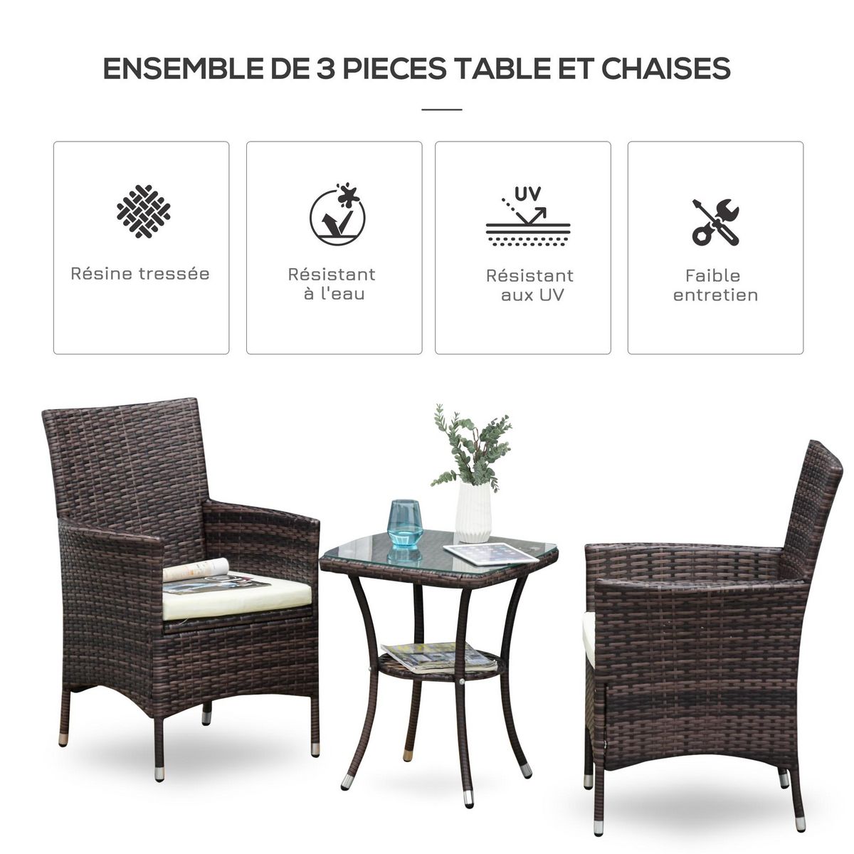 OUTSUNNY Outsunny Ensemble salon de jardin 2 places : 2 fauteuils et table basse plateau verre trempé résine tressée imitation rotin chocolat foncé coussins blanc