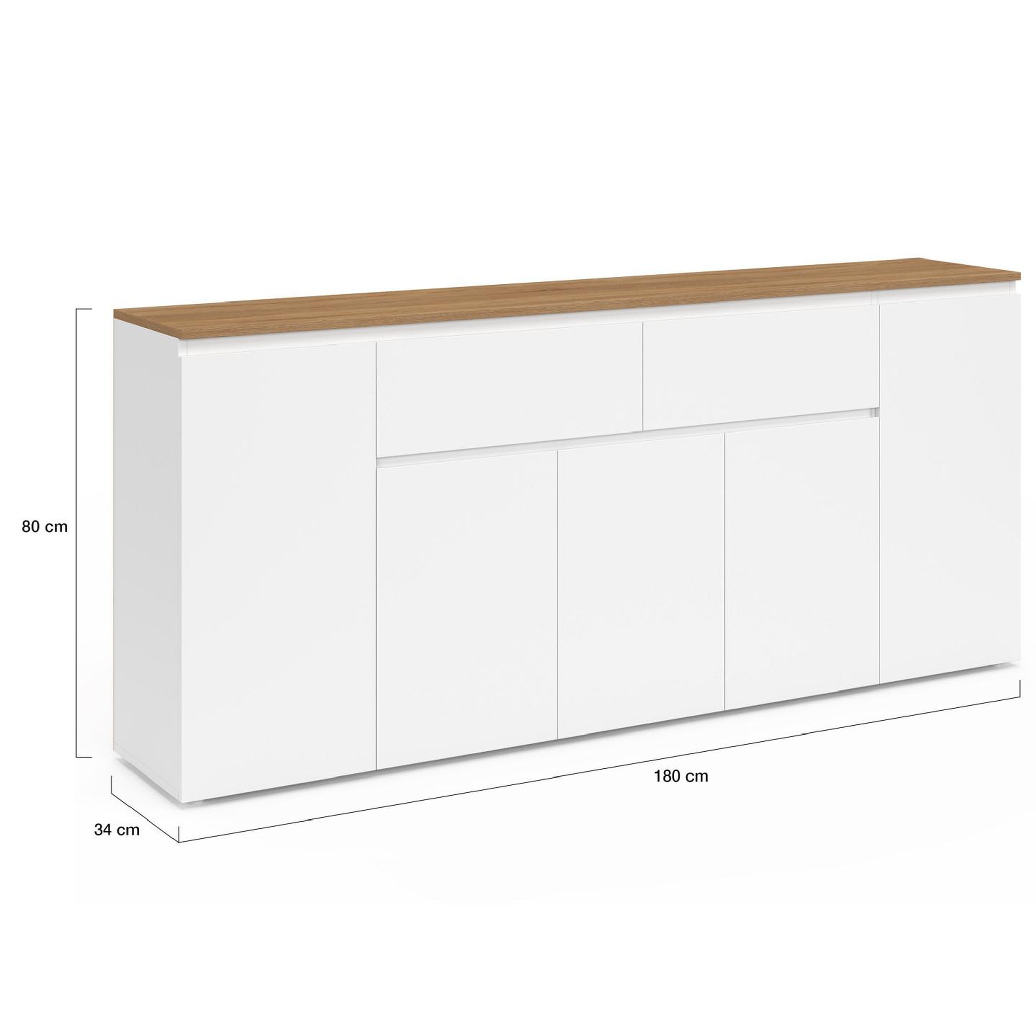 Voir la diapositive 5 : ID MARKET Buffet 180 cm TOBY 5 portes et 2 tiroirs blanc et plateau bois
