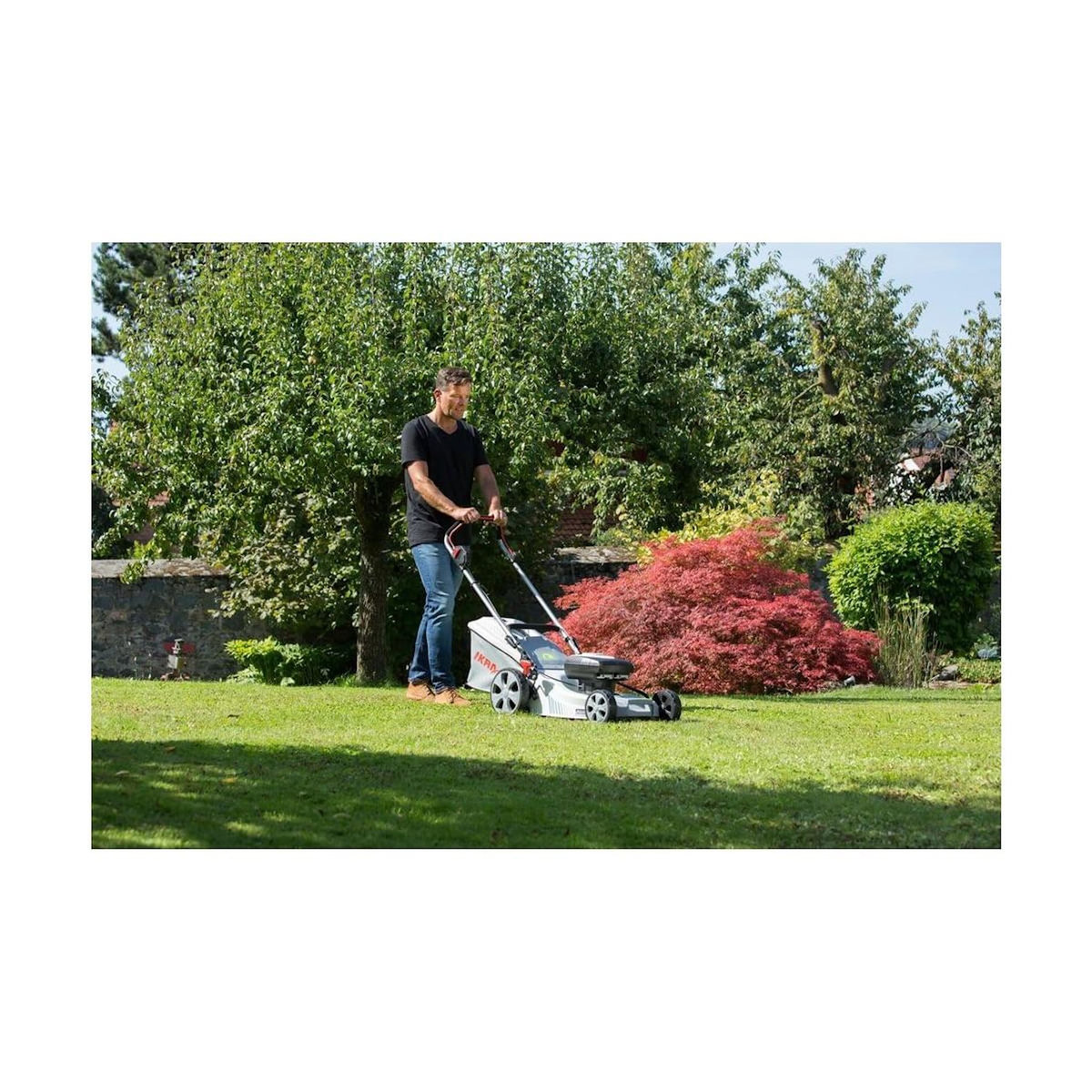 Ikra Tondeuse à gazon + 2 Batteries 40V + Chargeur, Coupe Ø43cm, 6 positions - Tondeuse sans fil Mulching Bac 50L Jardin 600 m2 IKRA