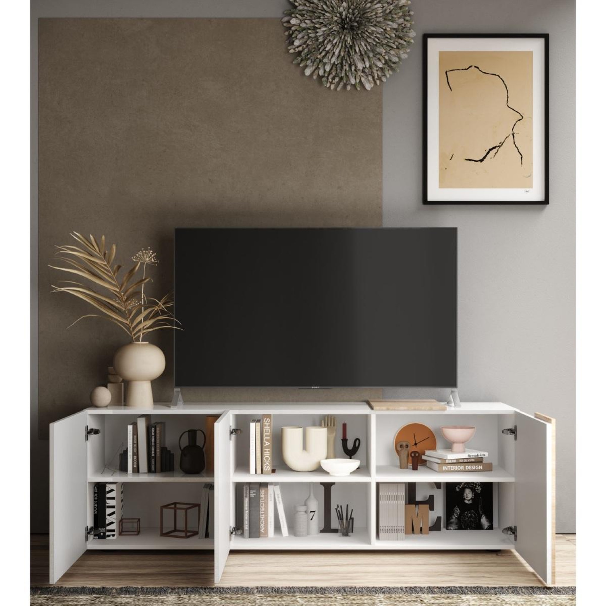 Voir la diapositive 3 : JLC KREATION Meuble tv moderne bois et blanc 3 portes sia