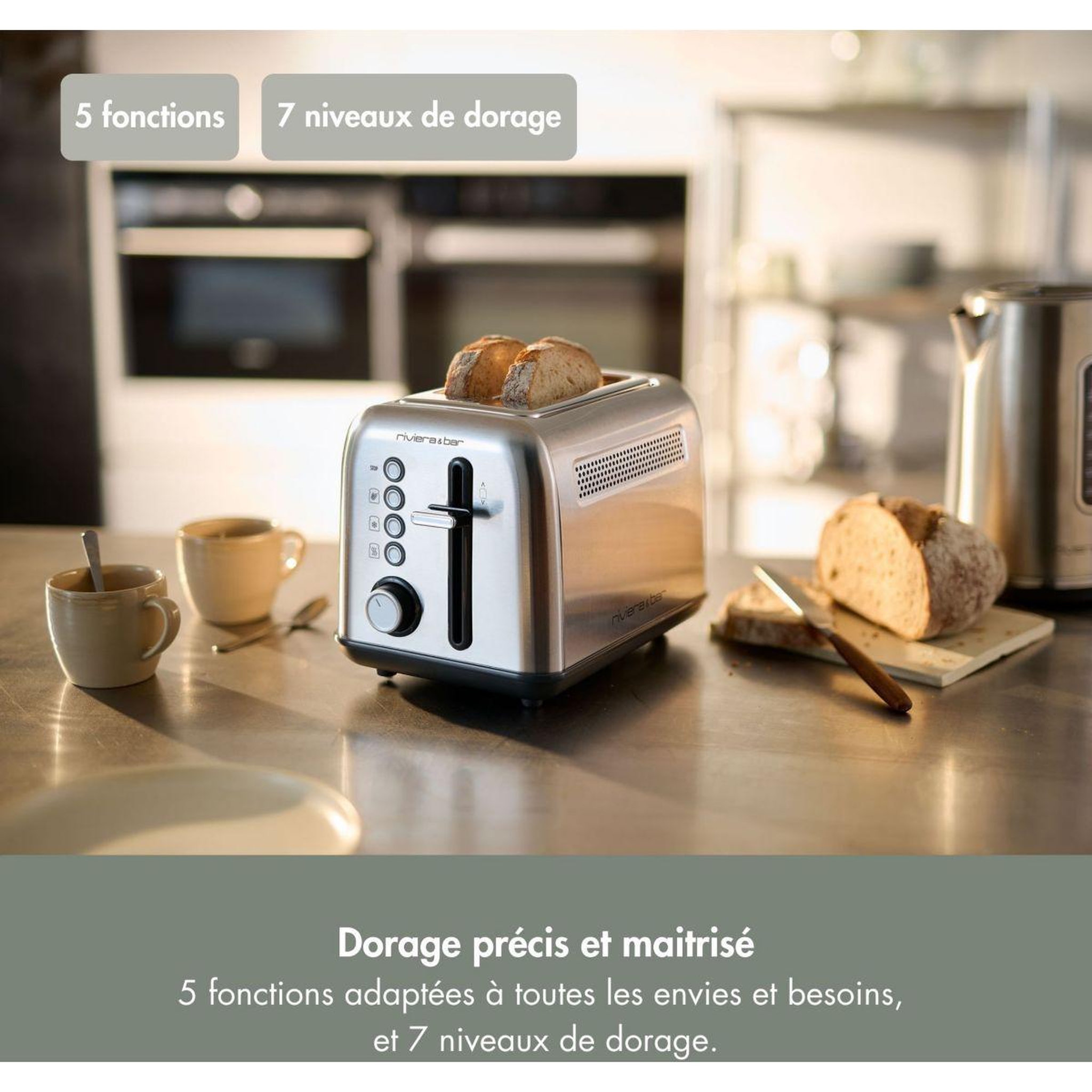 Voir la diapositive 2 : Riviera & Bar Grille-pain 2 fentes courtes inox brossé 900 w riviera & bar qgp220, 7 niveaux de brunissage, décongélation et réchauffage, arrêt automatique