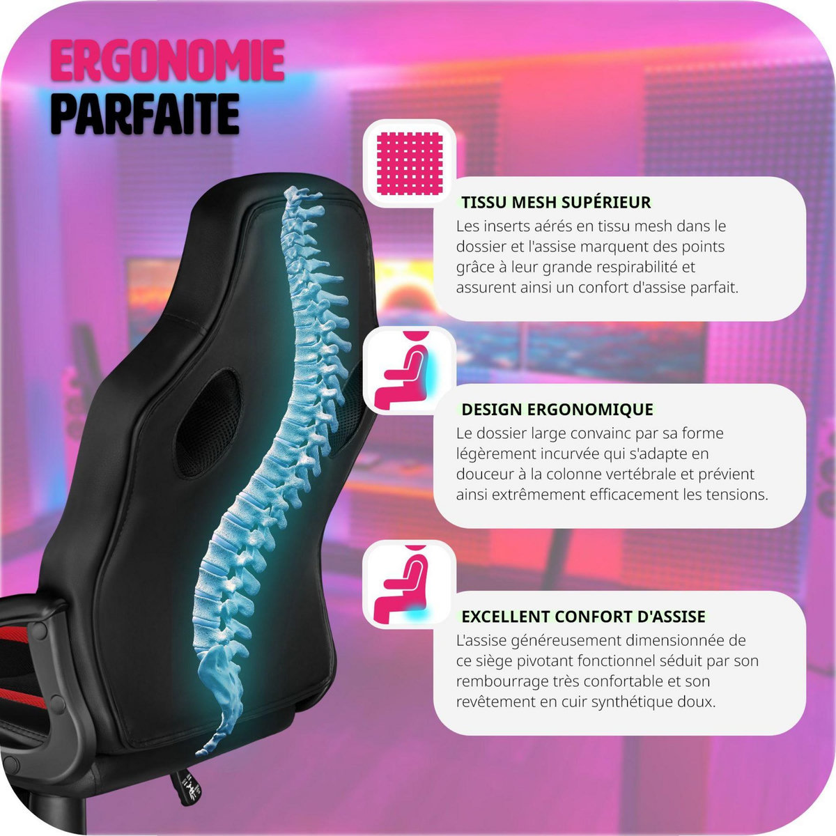 tectake Chaise de bureau à forme ergonomique noir/rouge