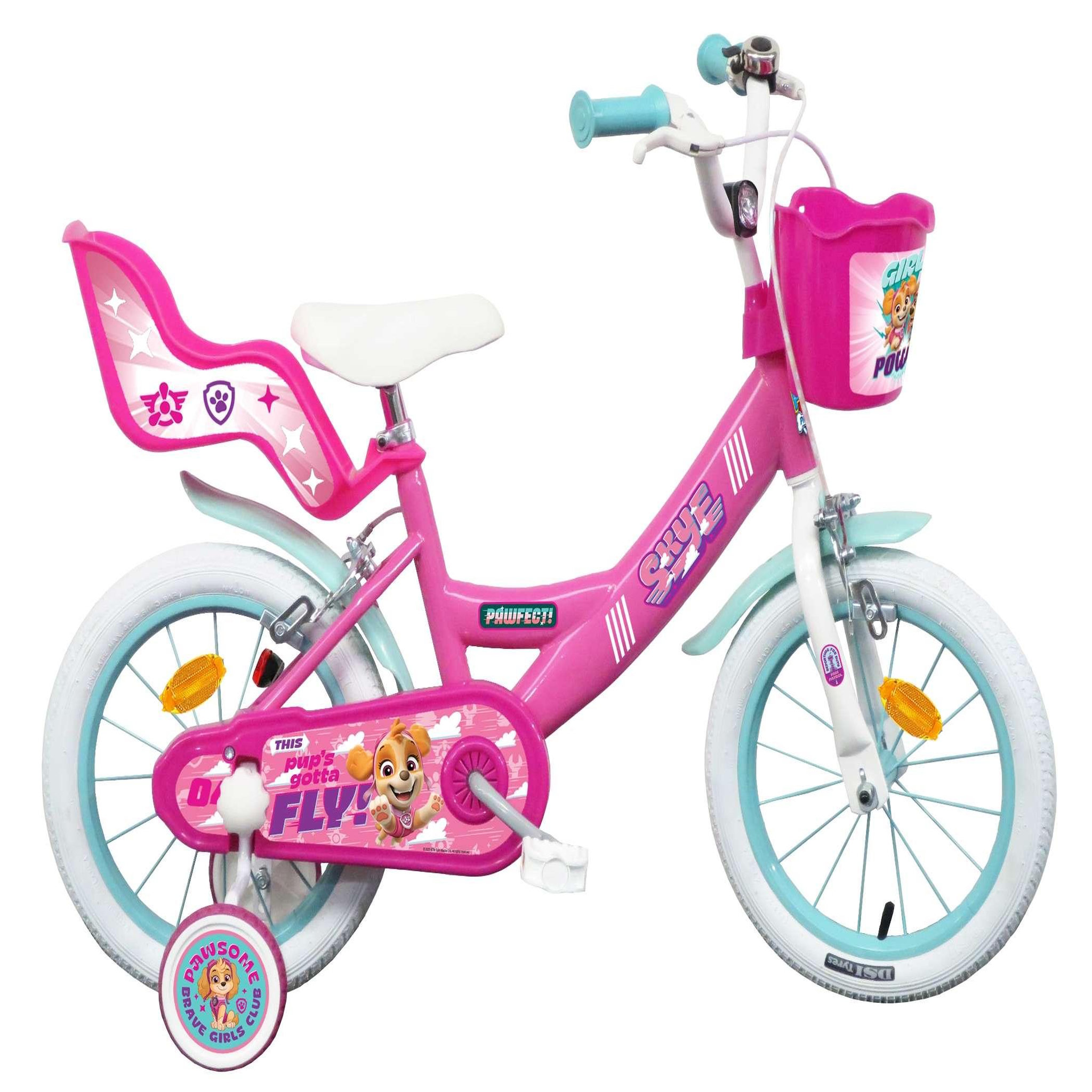 Nickelodeon Vélo enfant 16'' - Modèle Fille Pat Patrouille à l'effigie de Stella pour enfant de 105 à 120 cm avec stabilisateurs - Panier avant - Porte poupée arrière - 2 freins & Pneus gonflables.