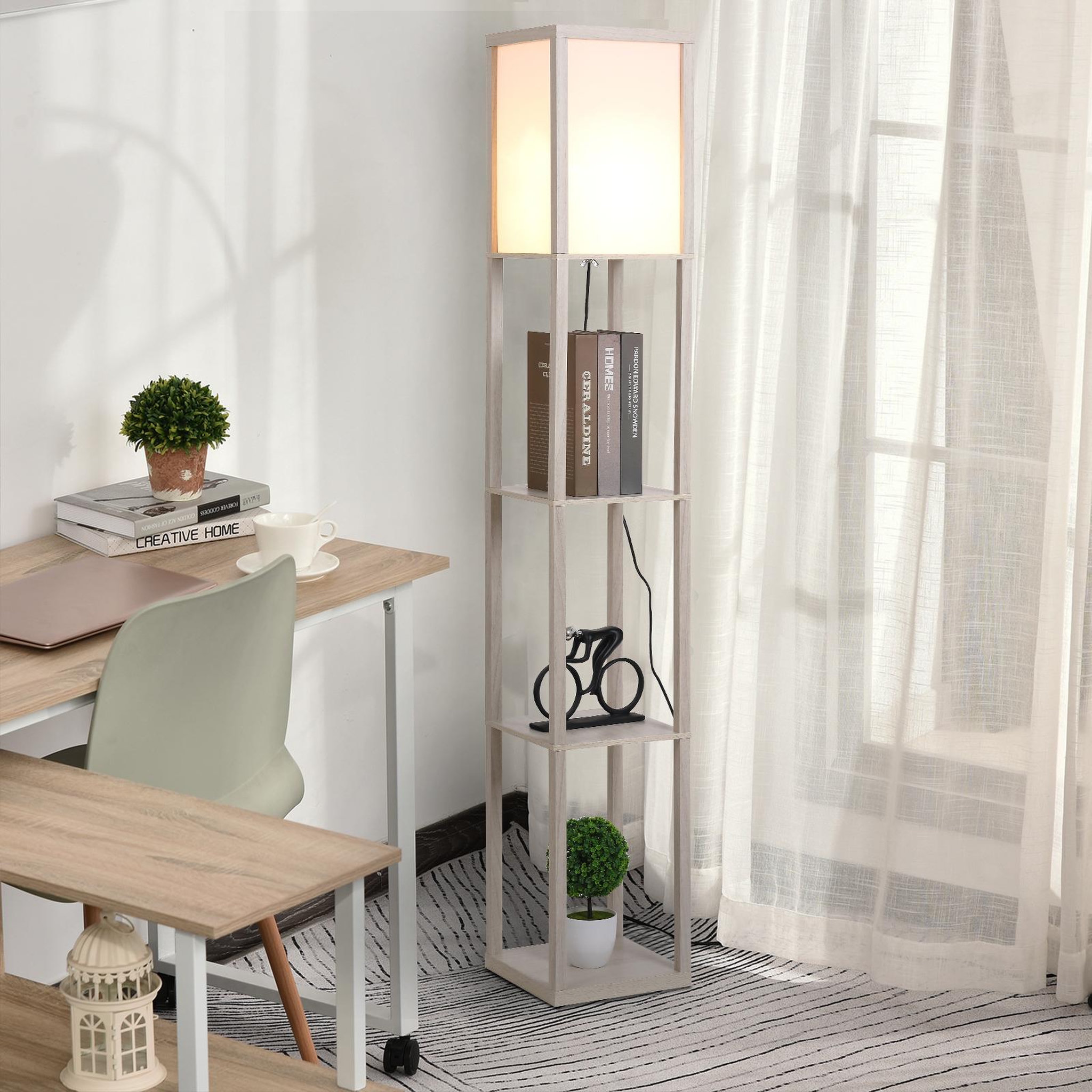 Voir la diapositive 2 : HOMCOM Lampadaire étagère lampe étagère 26L x 26l x 160H cm 3 étagères 4 niveaux MDF gris clair
