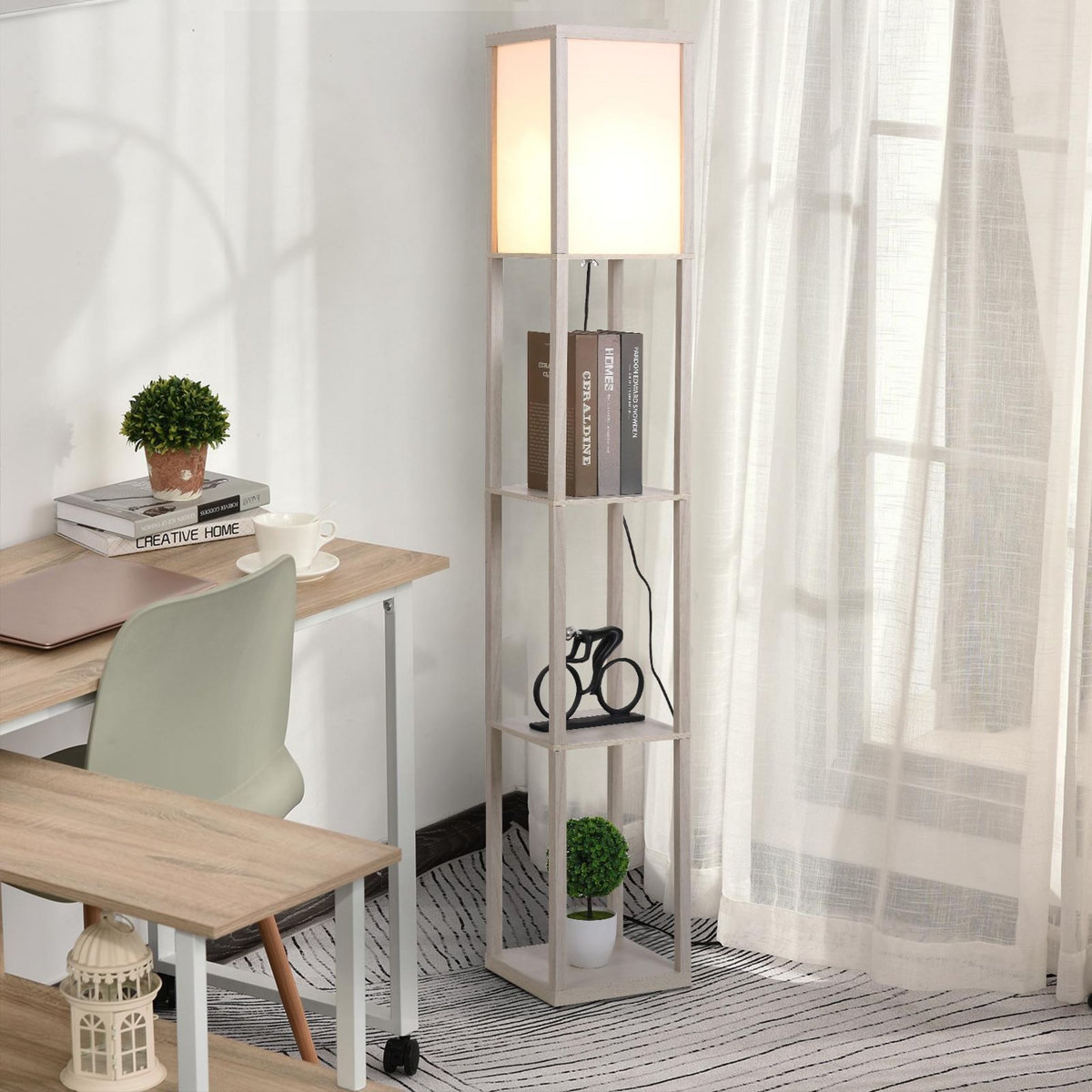 HOMCOM Lampadaire étagère lampe étagère 26L x 26l x 160H cm 3 étagères 4 niveaux MDF gris clair