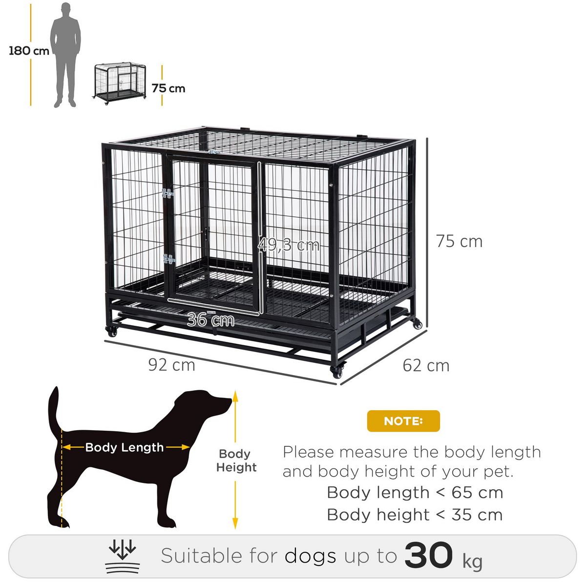 PAWHUT Cage pour chien animaux cage de transport sur roulettes 2 portes noir