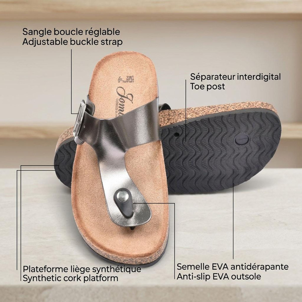 OZABI OZABI Sandales Tong Boucle Nubuck Métal Camel Argent Bronze