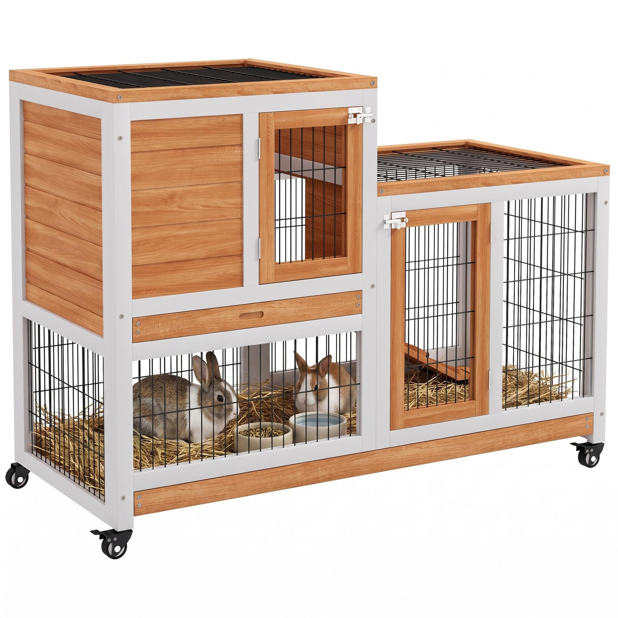 Voir la diapositive 5 : PAWHUT Clapier lapin mobile - niche, rampe, plateau déjection, 2 portes - bois blanc