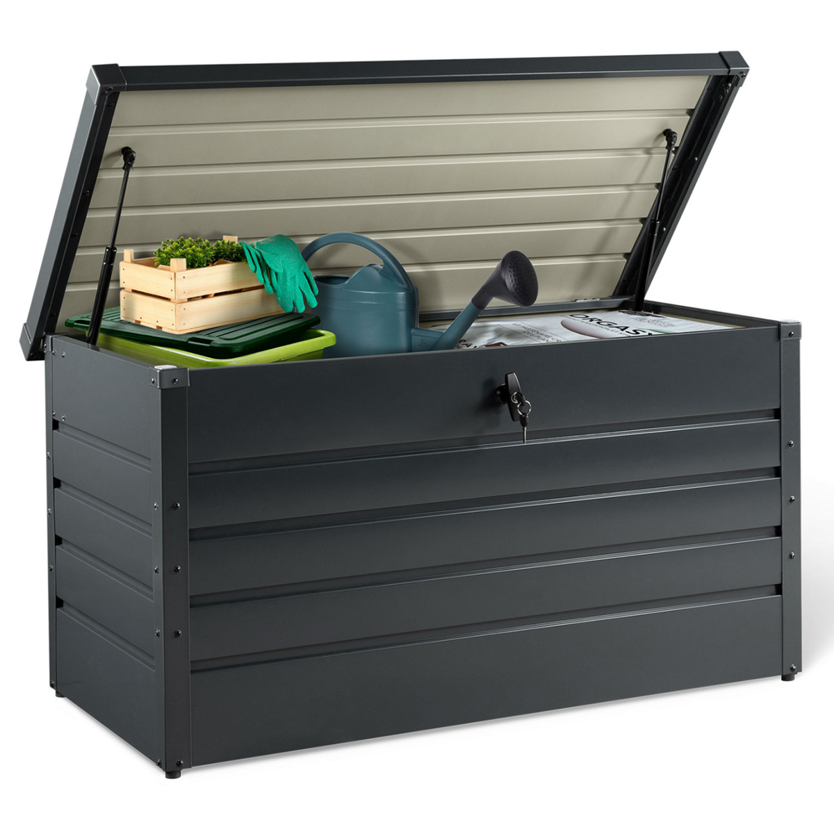ID MARKET Coffre de rangement métal verrouillable gris anthracite pour jardin 350L 120x62,5x63 cm
